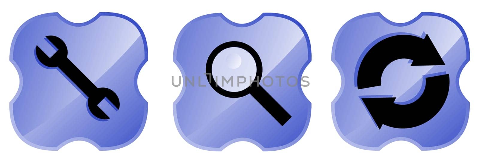 Illustration of a wrench, magnifying glass and web icon inside a blue shield cross isolated on white background done in retro style.