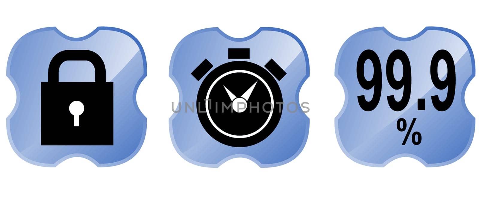 Illustration of web tools padlock, alarm clock, 99.9% icon inside a blue shield cross isolated on white background done in retro style.