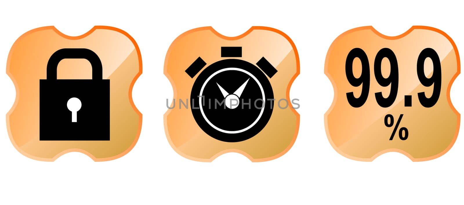 Illustration of web tools padlock, alarm clock, 99.9% icon inside an orange shield cross isolated on white background done in retro style.
