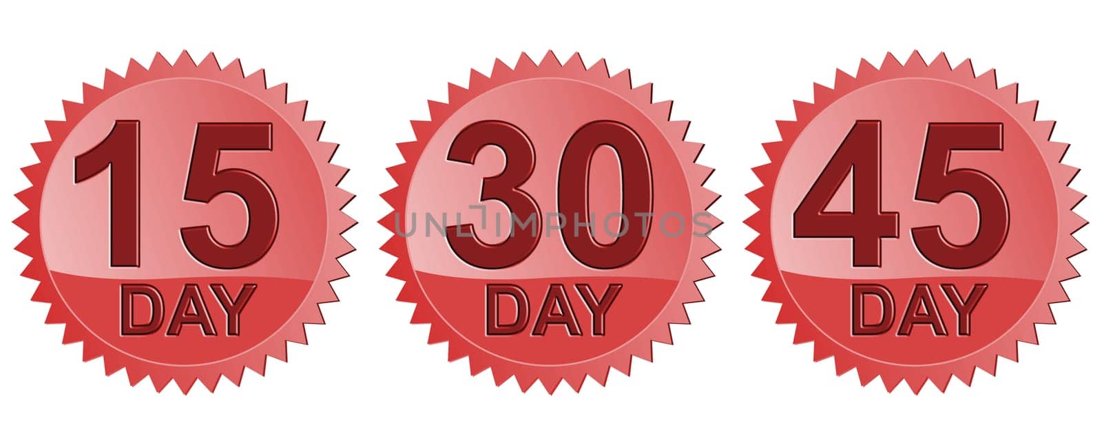 Illustration of icon15 Day, 30 Day, 45 Day in red seal done in retro style.