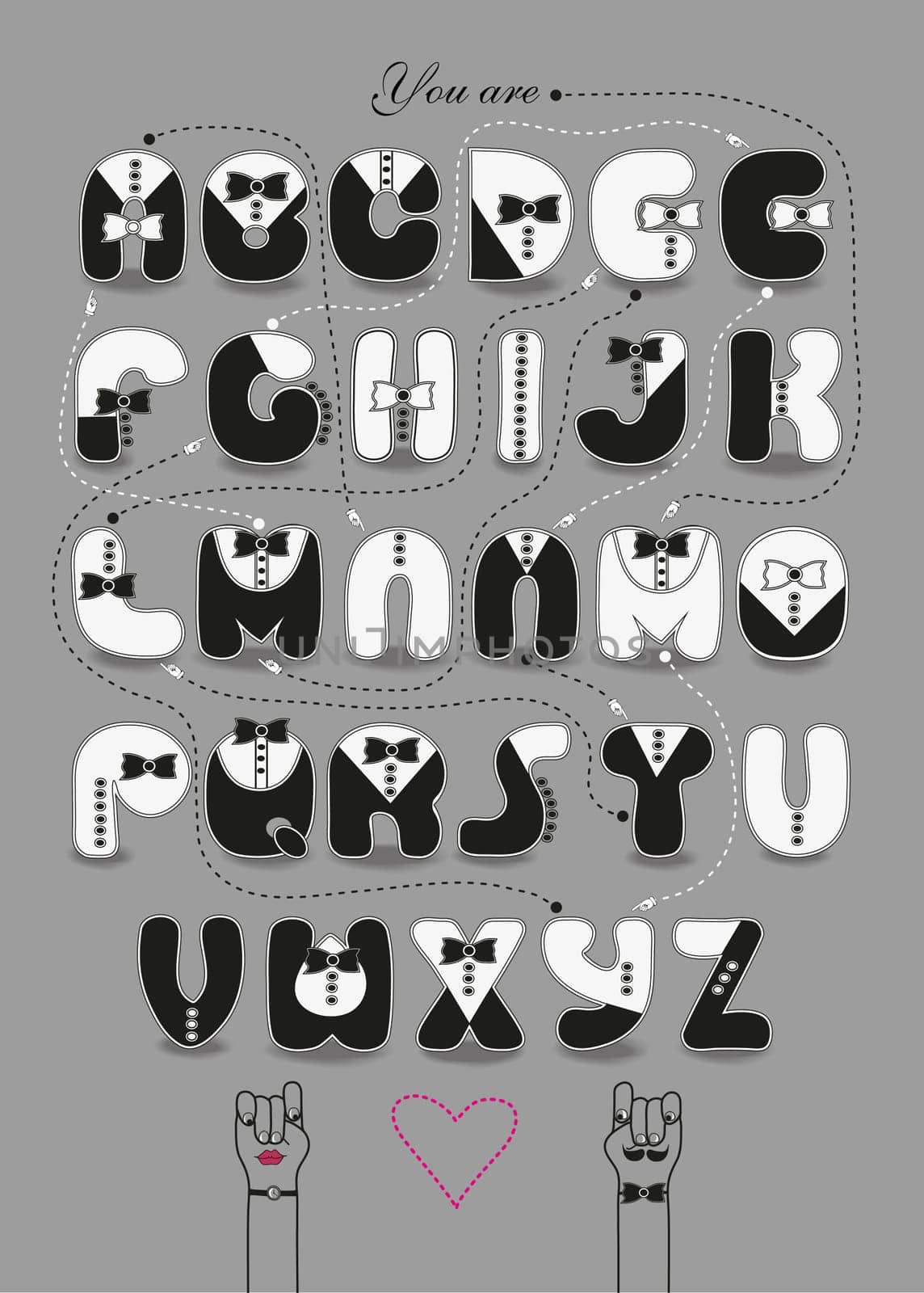 Artistic alphabet with encrypted romantic message We make a good team. Cartoon orange letters with bright decor. Funny hands looking at each other. Inscriptions - Decipher the message and Start here. Illustration