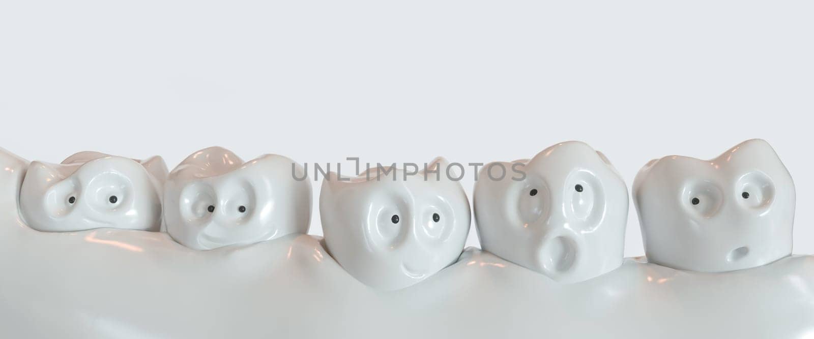 Tooth human cartoon. Teeth communicate with each other. 3d rendering