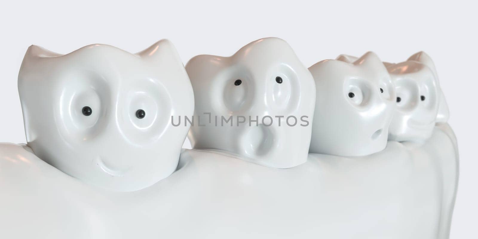 Tooth human cartoon. Teeth communicate with each other. 3d rendering