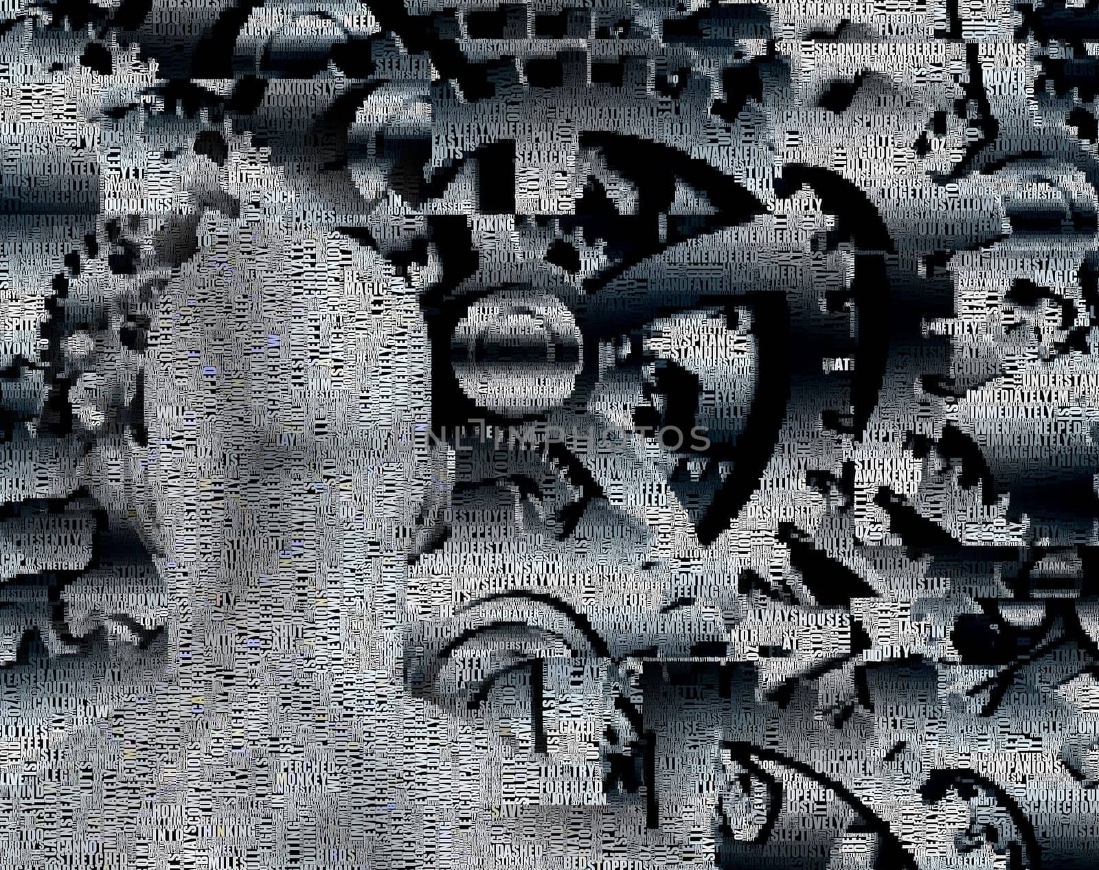 Mechanism. Man is standing before gears. Image composed entirely of words