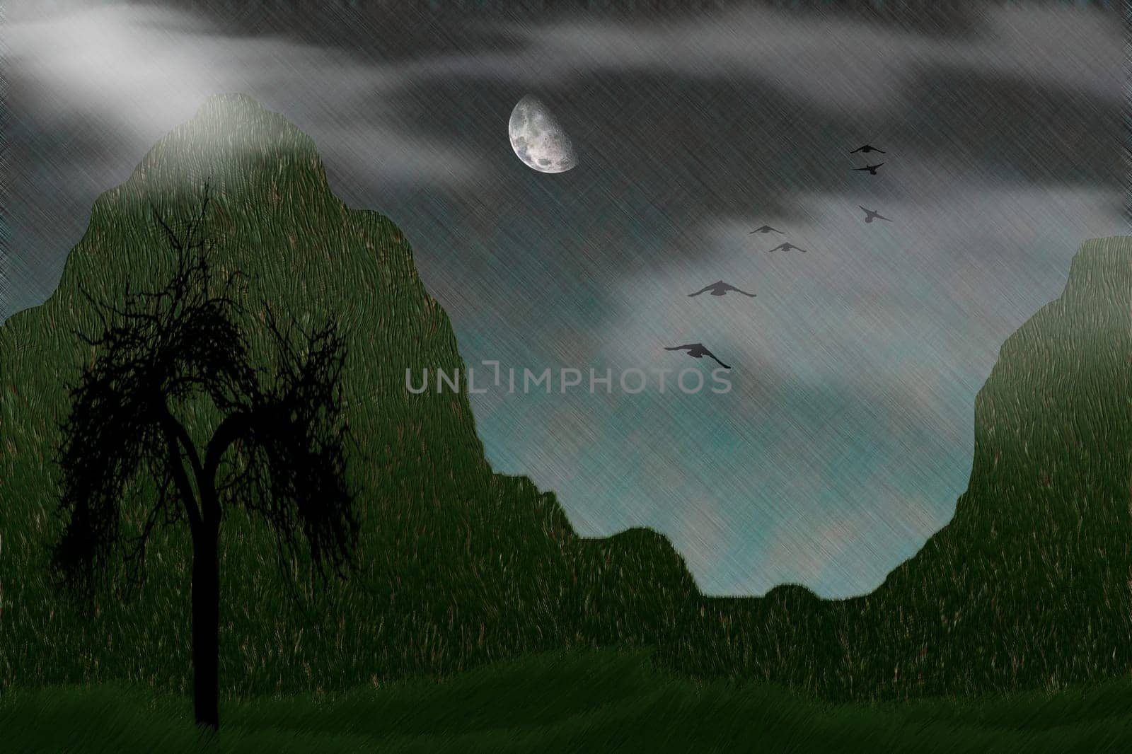Mystic Nature. Composition with naked tree in green mountains. Birds flies to the full moon