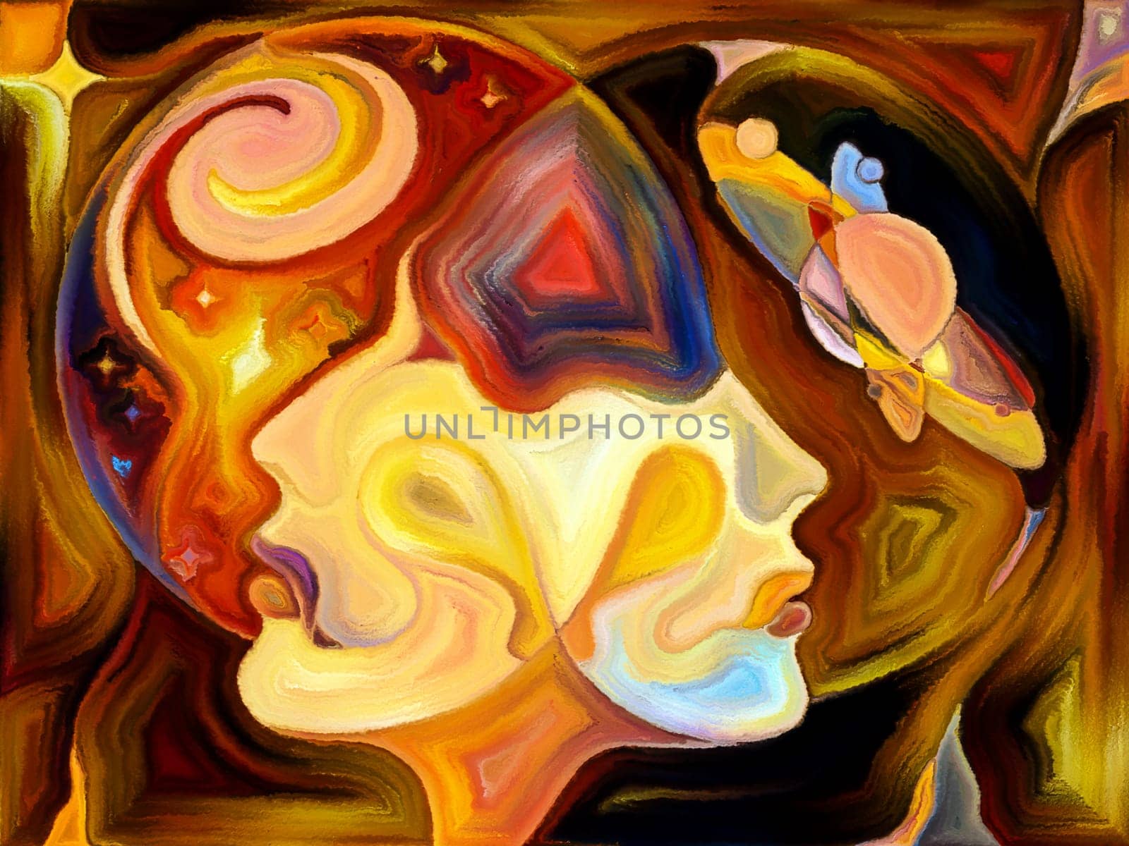 Stained Glass Forever series. Soul mate heads looking into each other, surrounded by colorful patterns and symbols of the Universe on the subject of knowledge, internal reality and mutual unity.