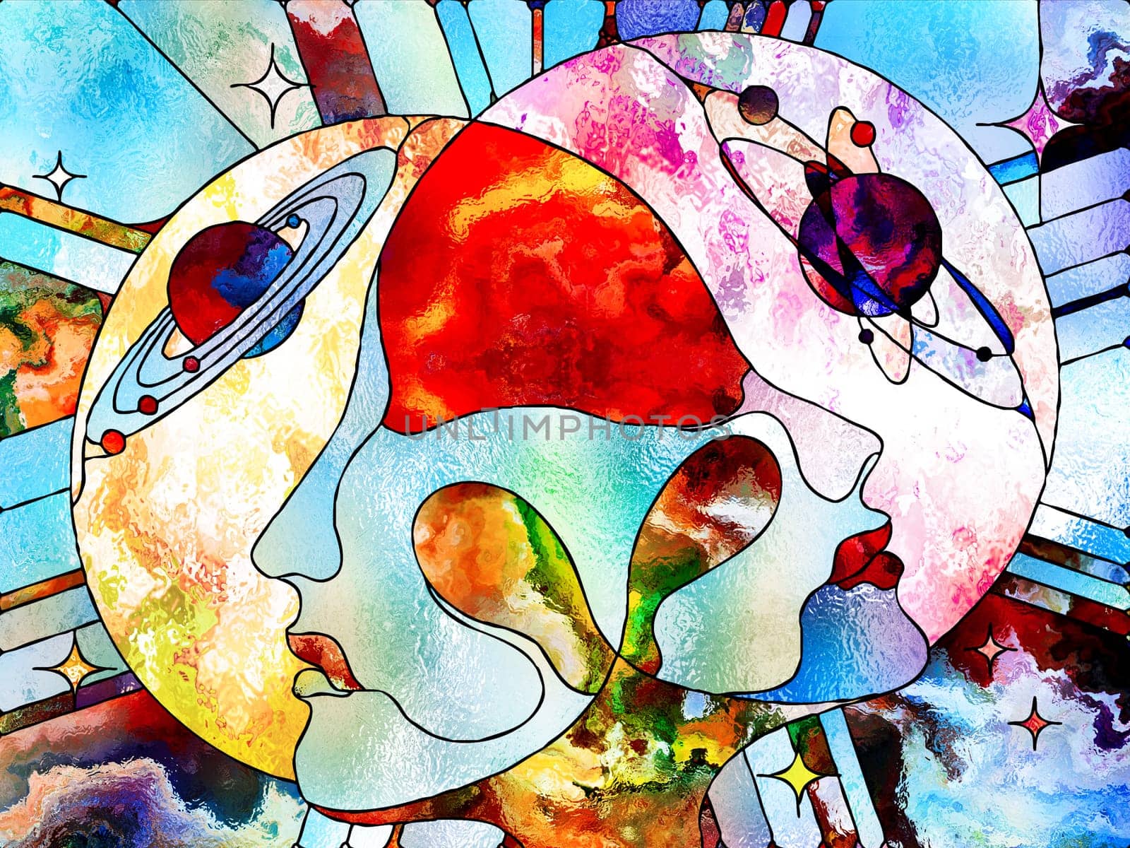 Stained Glass Forever series. Lover's heads looking into each other, amidst colorful patterns and symbols of the Universe on the subject of education, knowledge and mutual unity.