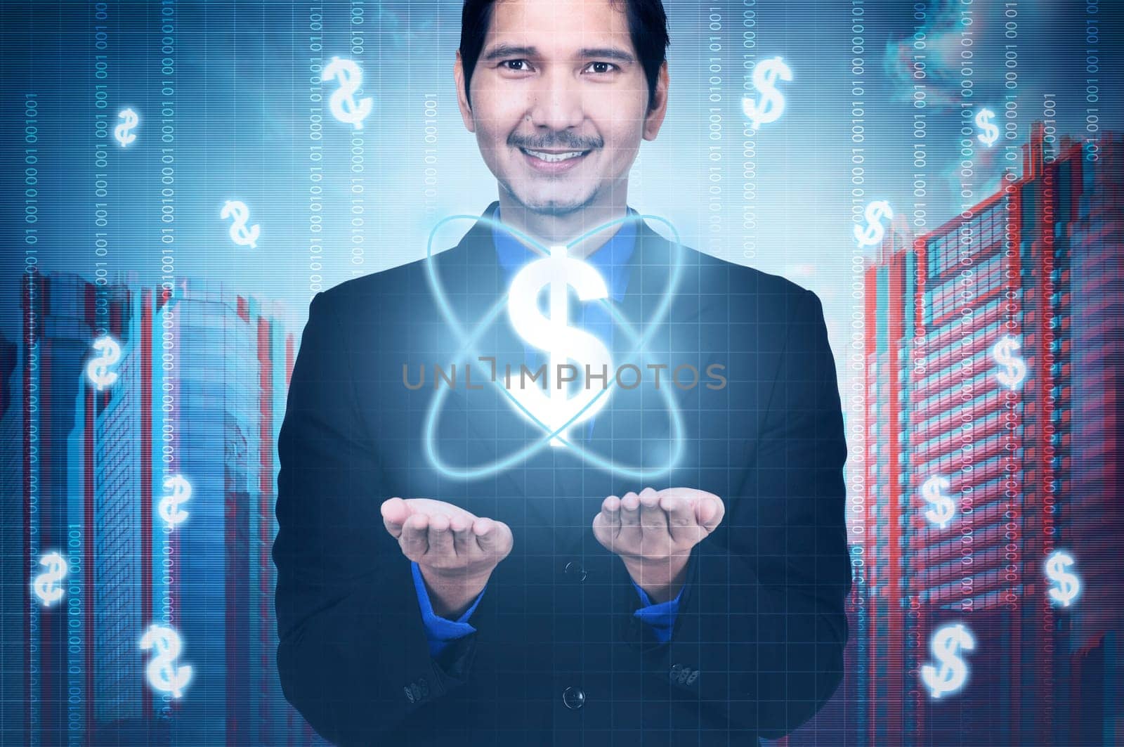 Handsome asian businessman showing digital money in his palm. Business concept