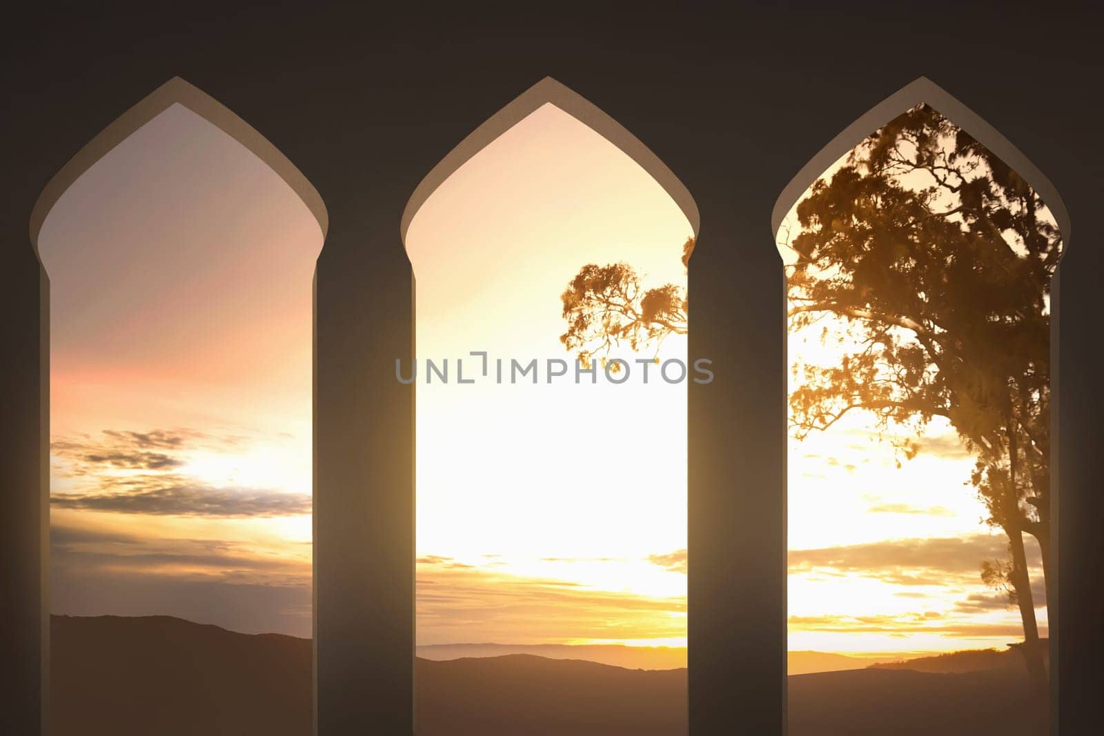 Mosque arch with beutiful sunset view