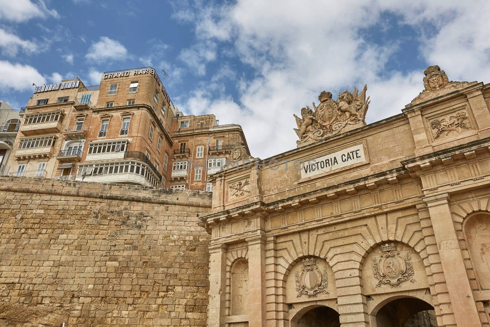 VALLETTA, MALTA - OCTOBER 30 , 2017: The Victoria Gate and Grand Harbour Hotel in La Valletta, the capital of Malta.