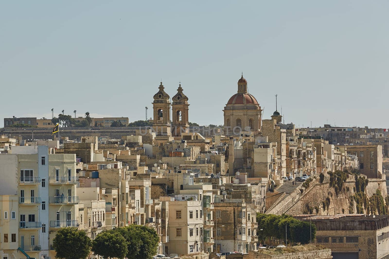 View of a coastal area and downtown of Valletta in Malta.