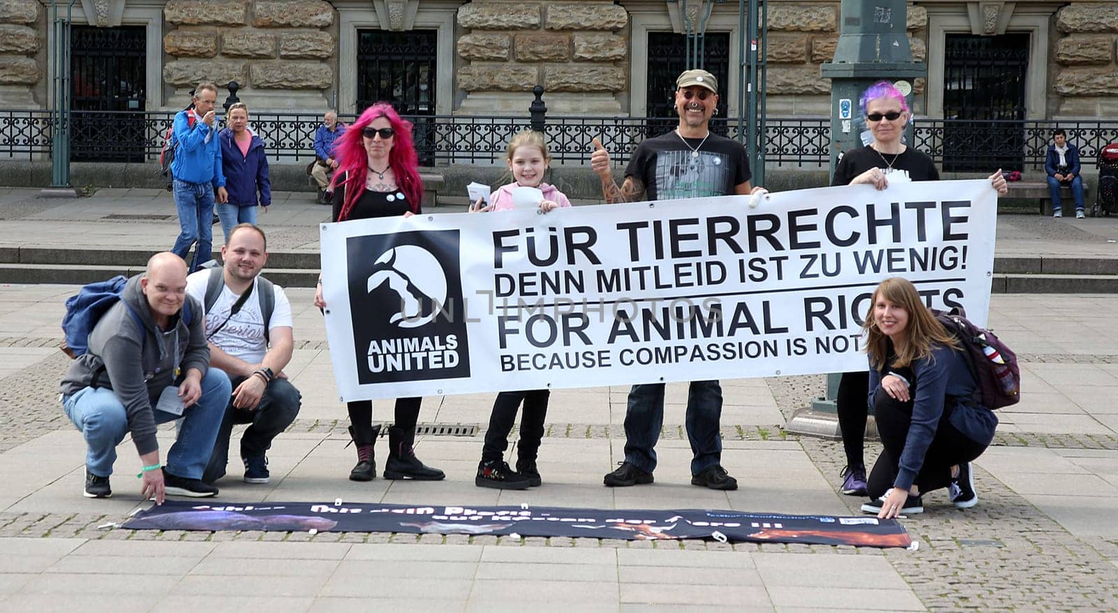 Demo participants,. The Action Alliance against Animal Experiments and animal rights initiative Hamburg called for a large demonstration (about 500 participants) against animal torture at the UKE and for modern animal-free research with prominent comrades-in-arms. The action took place as part of the International Day for the Abolition of Animal Experiments at the Town Hall - .28.04.2018.