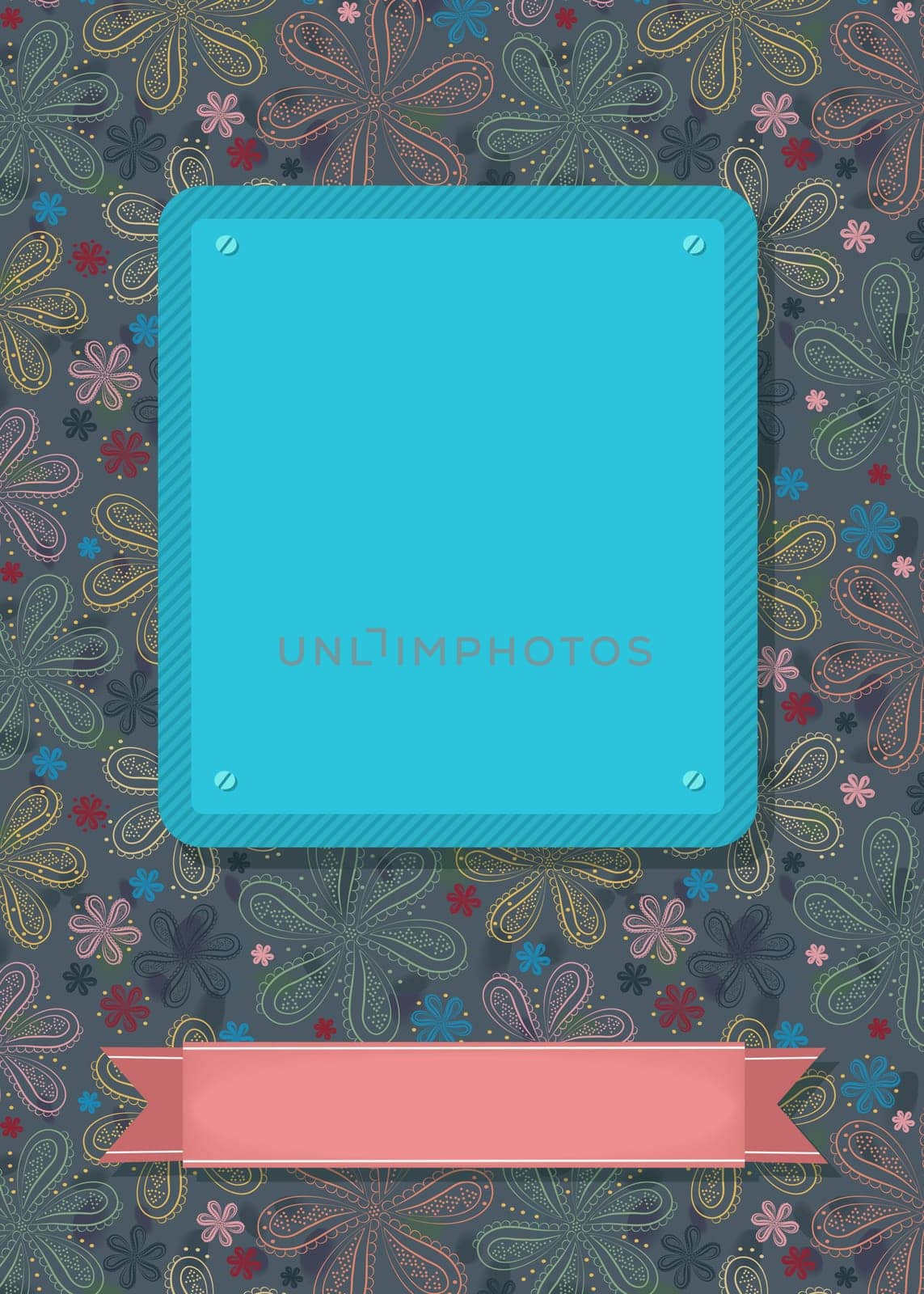 Floral greeting card. Colorful geometric flowers. Blue and pink banners for custom text. Gray background