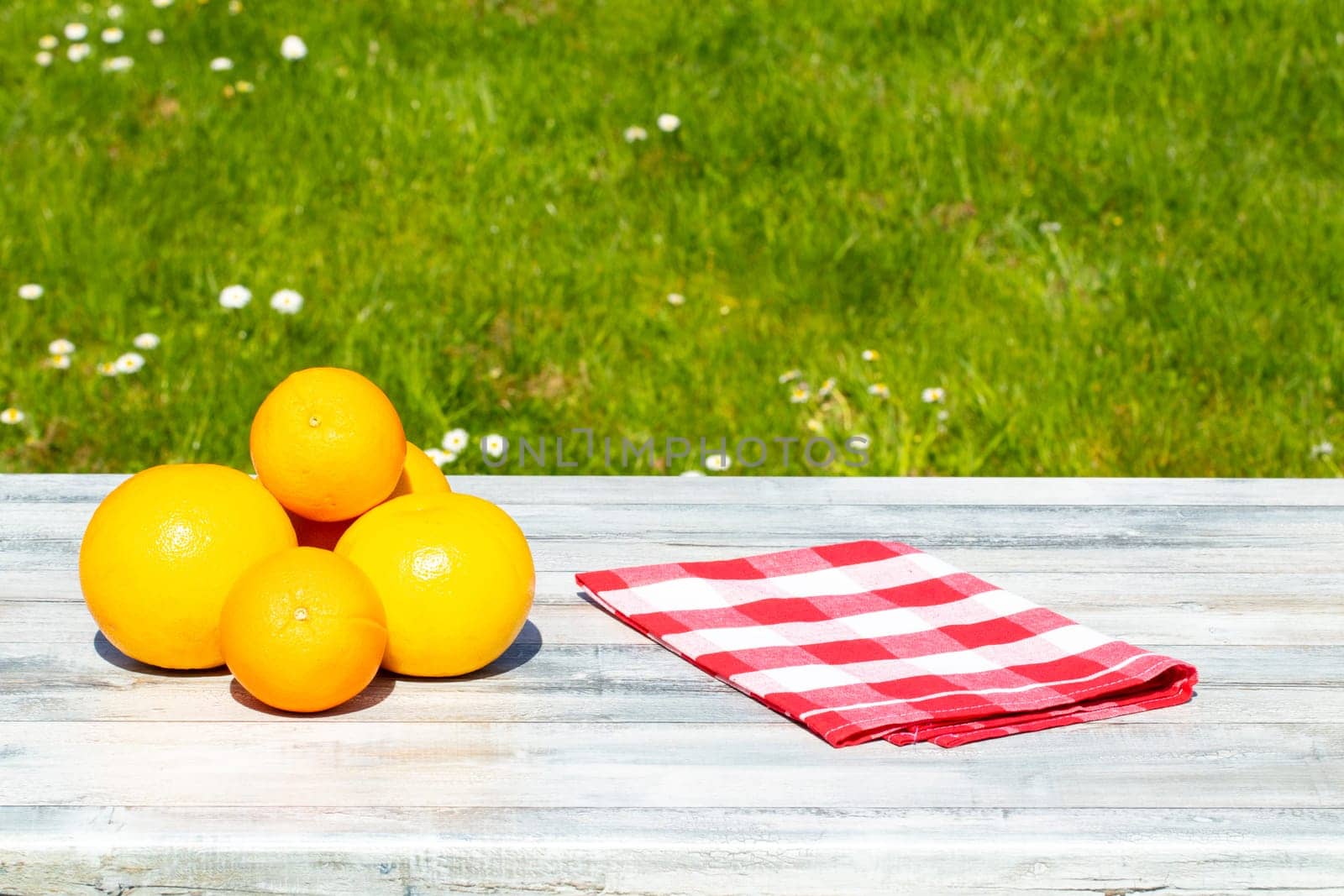 A pile of grapefruits and a red white checkered empty tablecloth on rustic bright table with natural green background. Concept Health.
