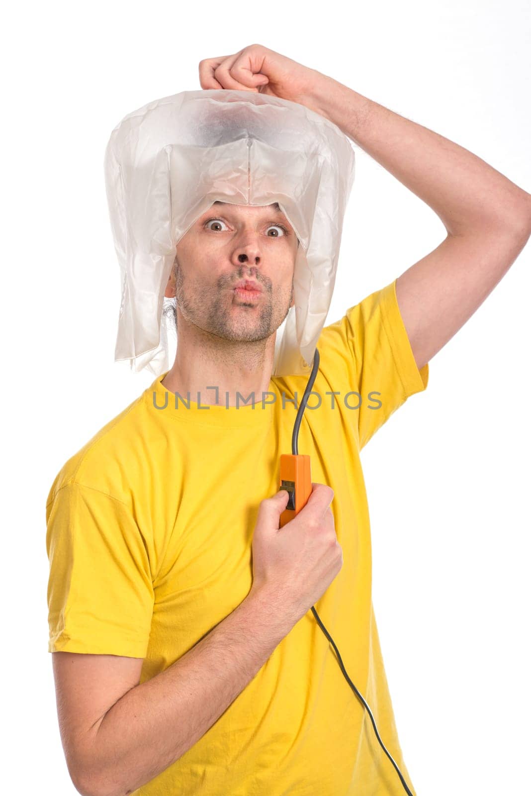 crazy white man man with hair dryer