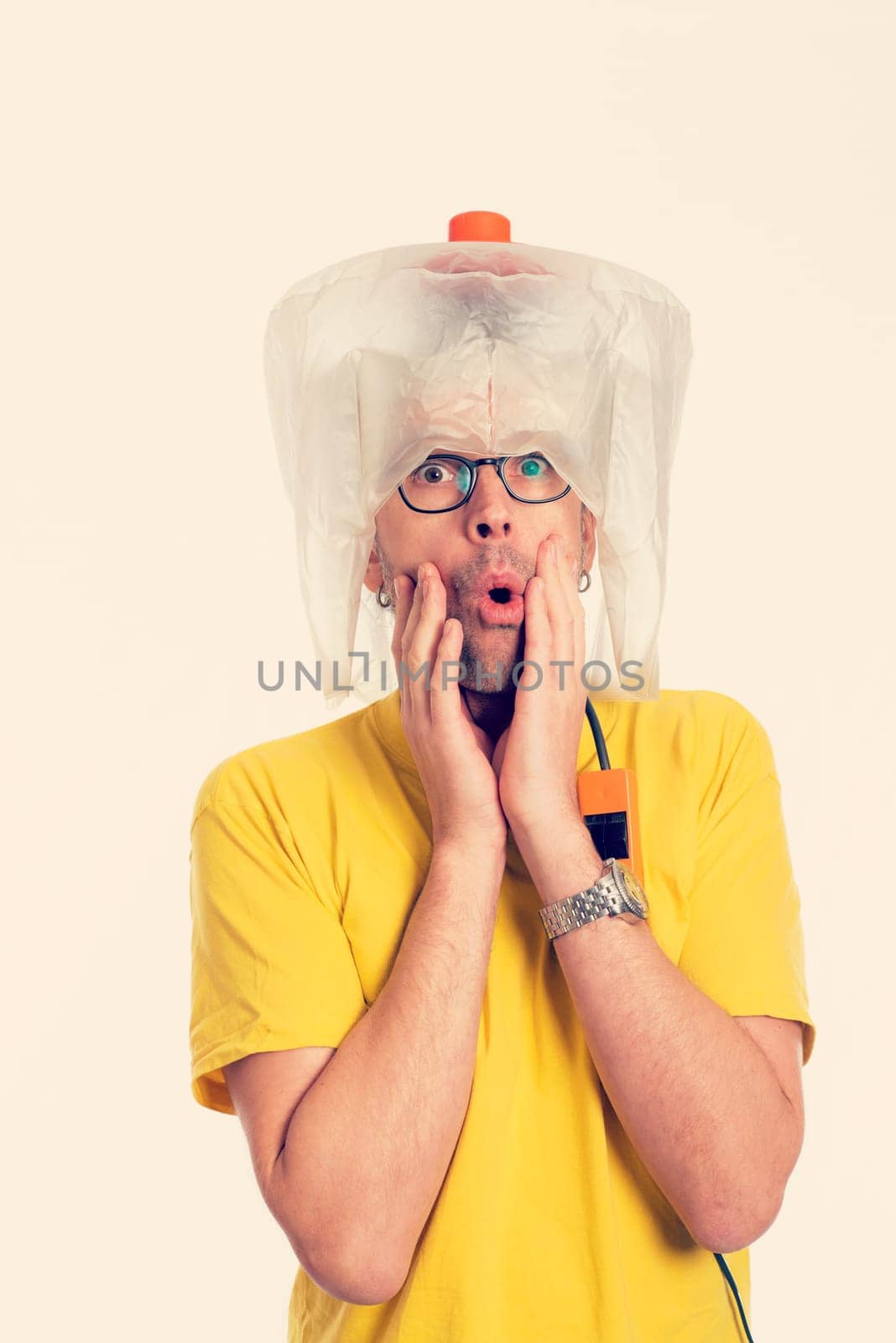 crazy white man man with hair dryer