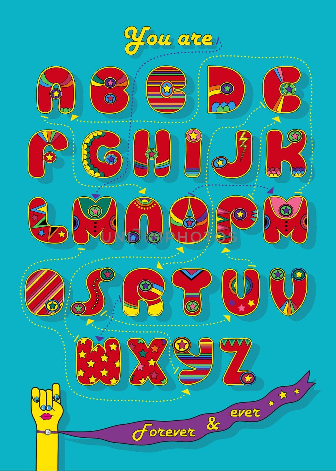 Artistic alphabet with encrypted romantic message We make a good team. Cartoon orange letters with bright decor. Funny hands looking at each other. Inscriptions - Decipher the message and Start here. Illustration