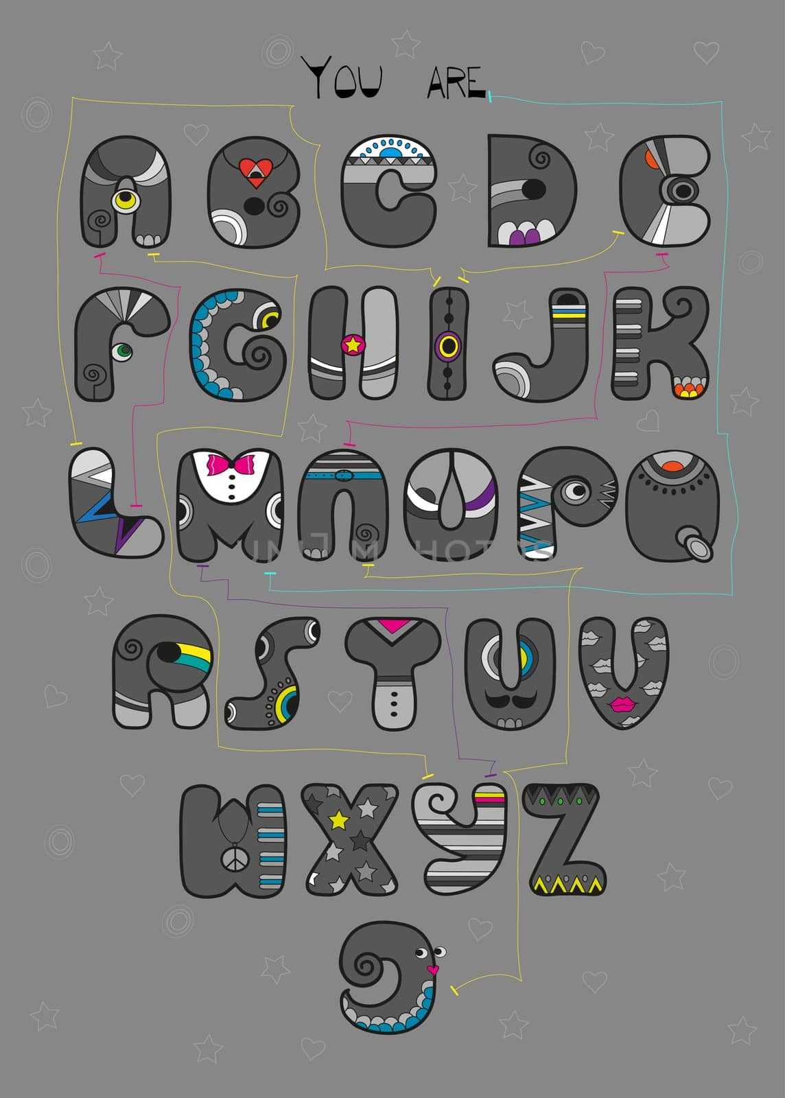 Artistic alphabet with encrypted romantic message Will you go with me? Cartoon blue letters with bright decor. Male and female hands looking at each other. Yellow question mark. Illustration