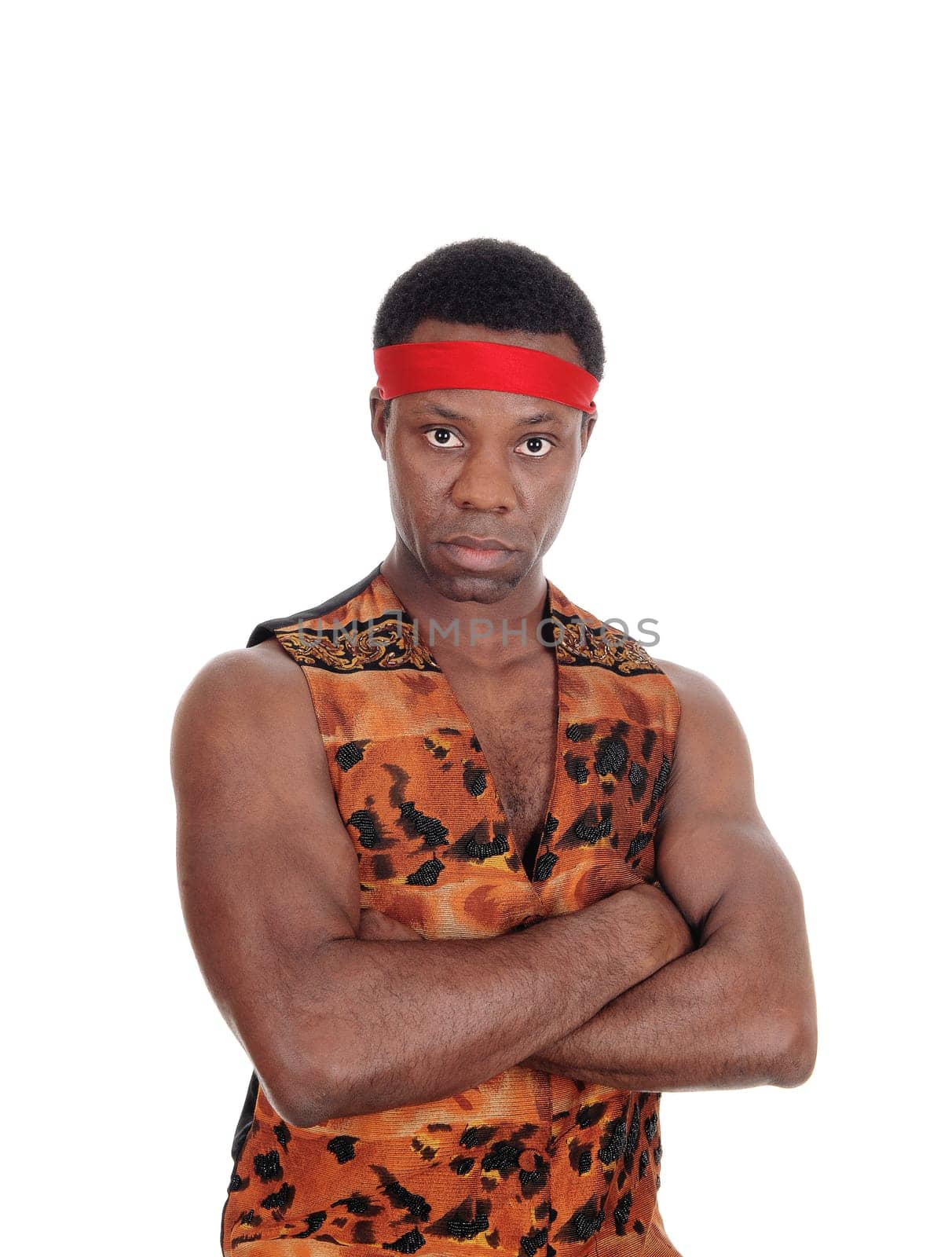 A close up image of a very serious looking African American man.standing with his arms crossed, isolated for white background.