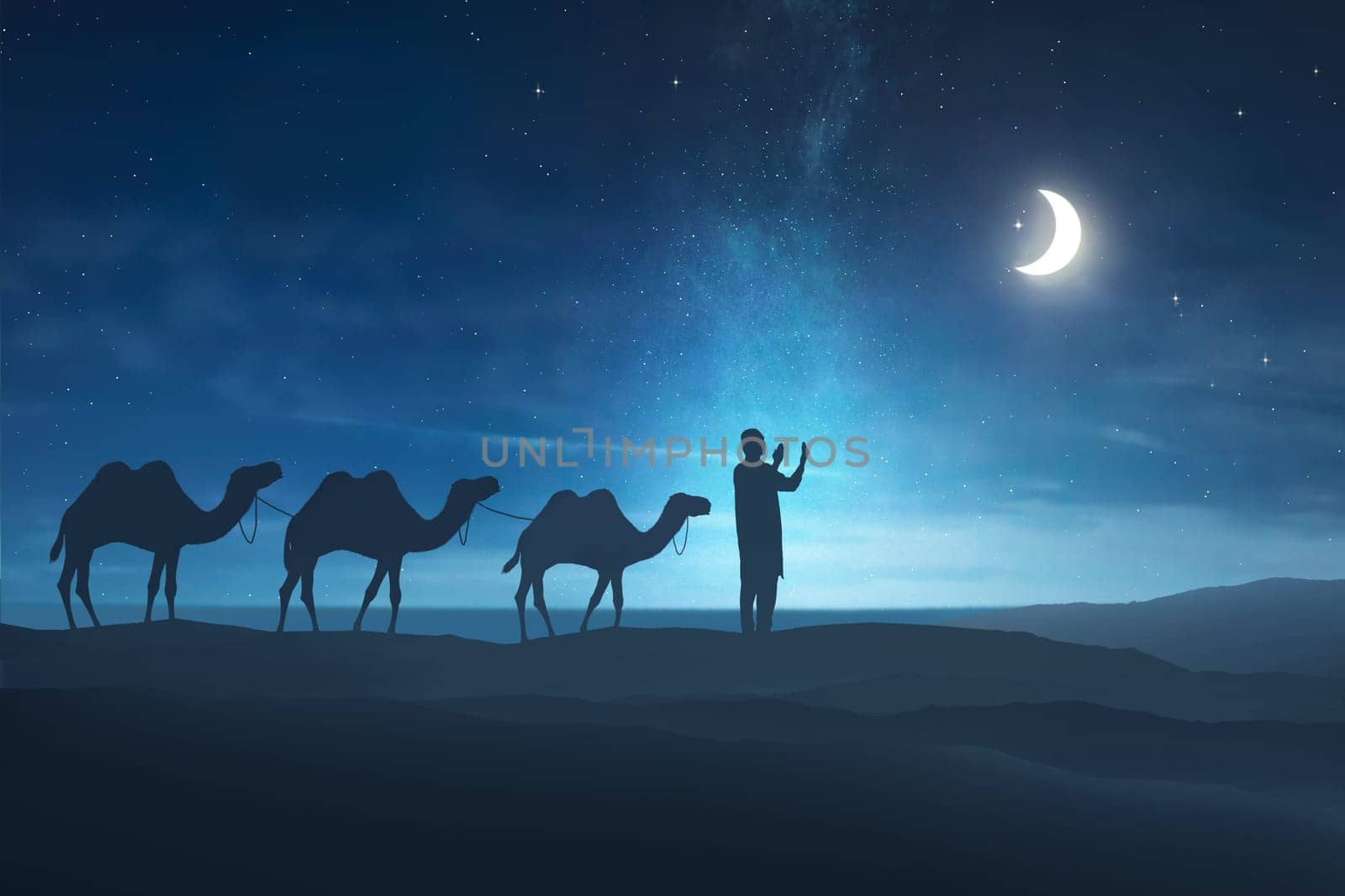 Silhouette of muslim man praying at night