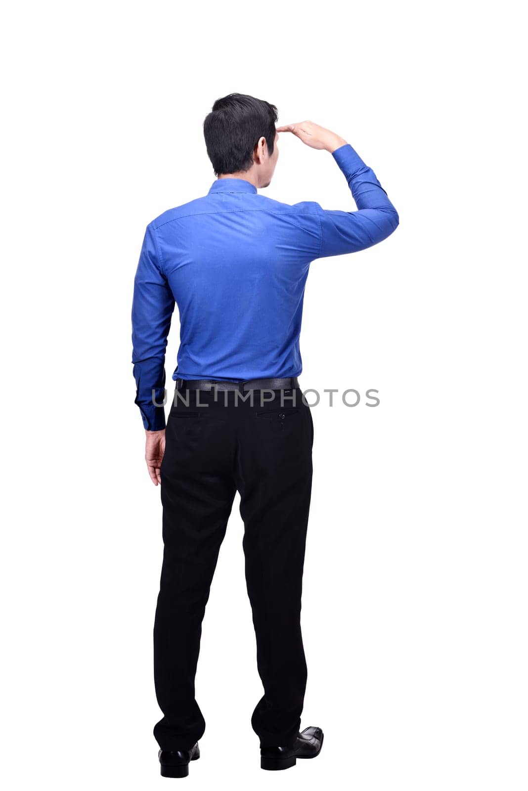 Portrait of asian businessman looking up something standing isolated over white background
