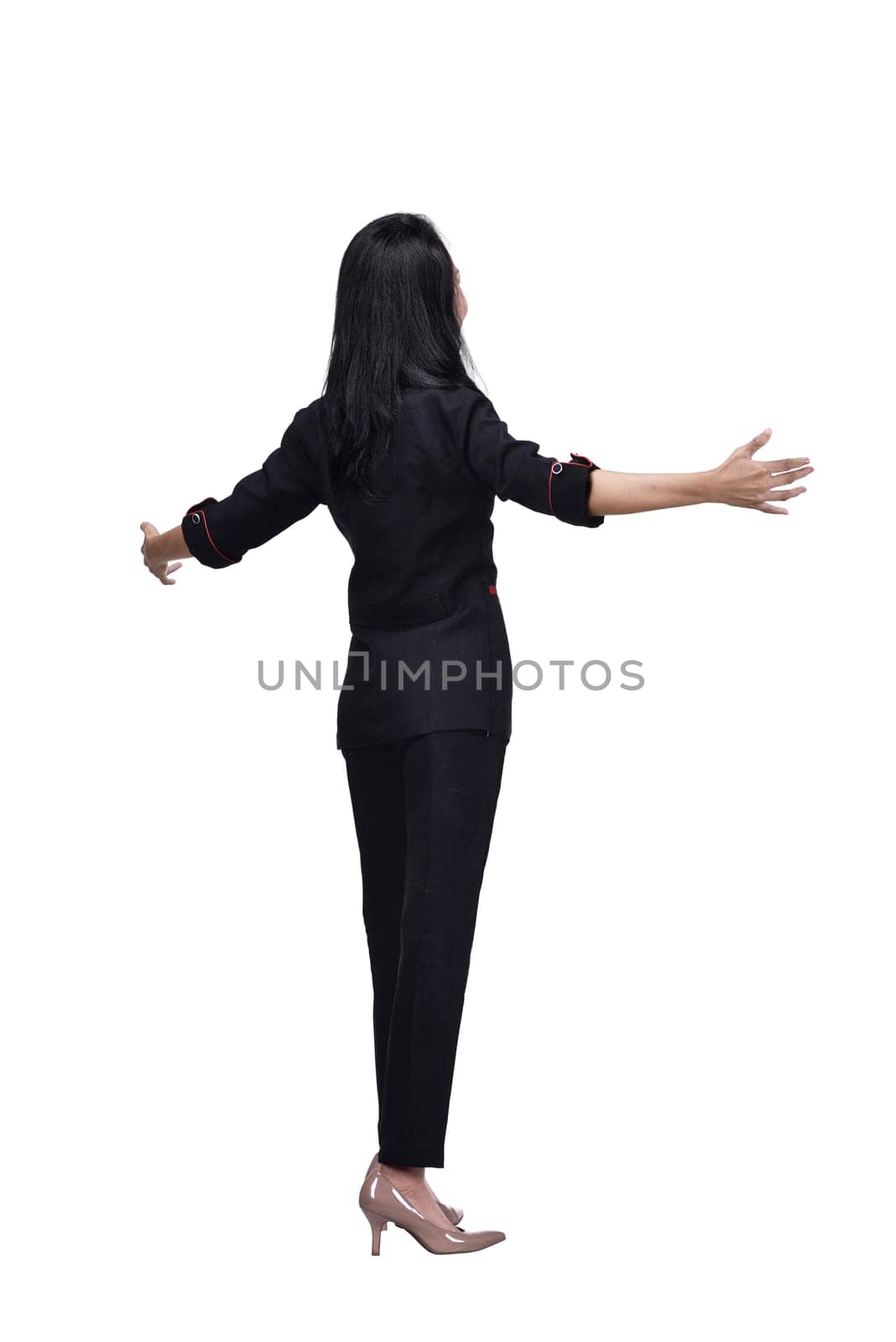 Rear view of asian business woman relaxing posing isolated over white background