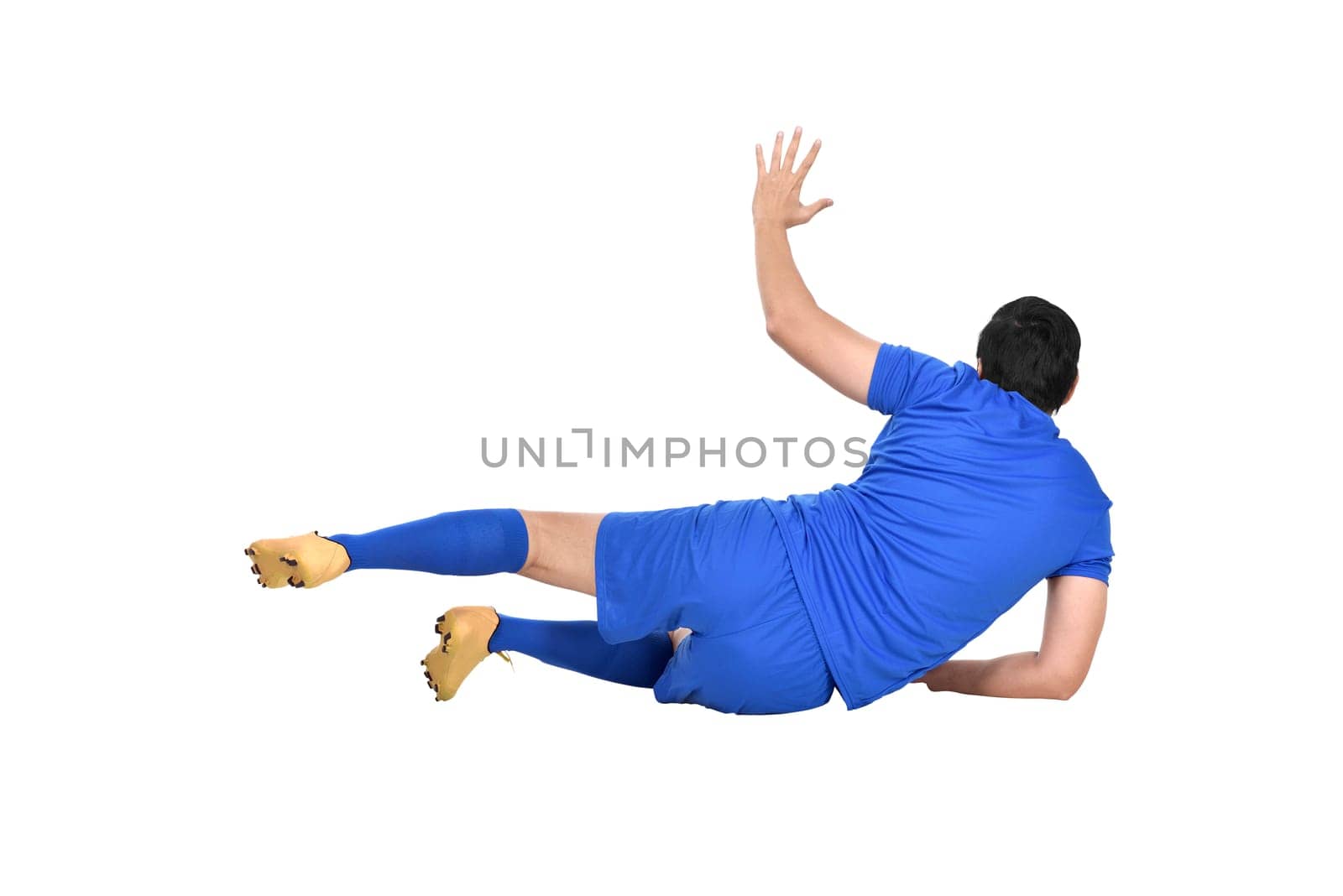 Image of asian goalkeeper with blue jersey isolated over white background