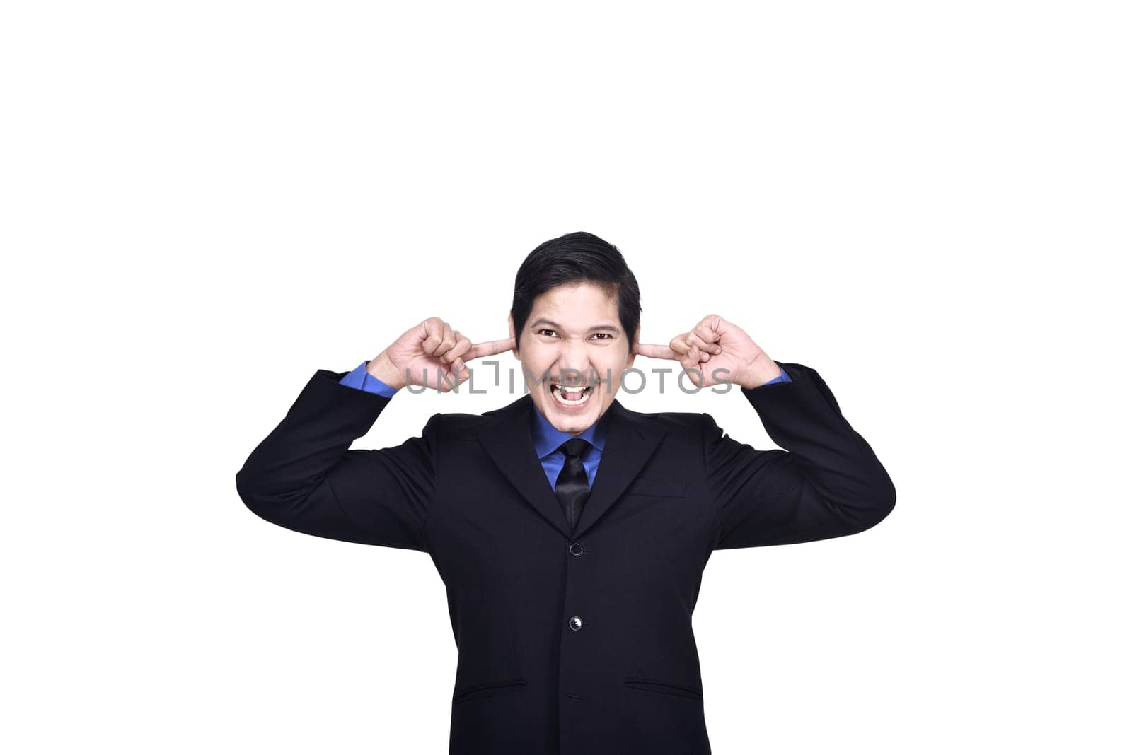 Portrait of asian business man covering ears with his hand isolated over white background