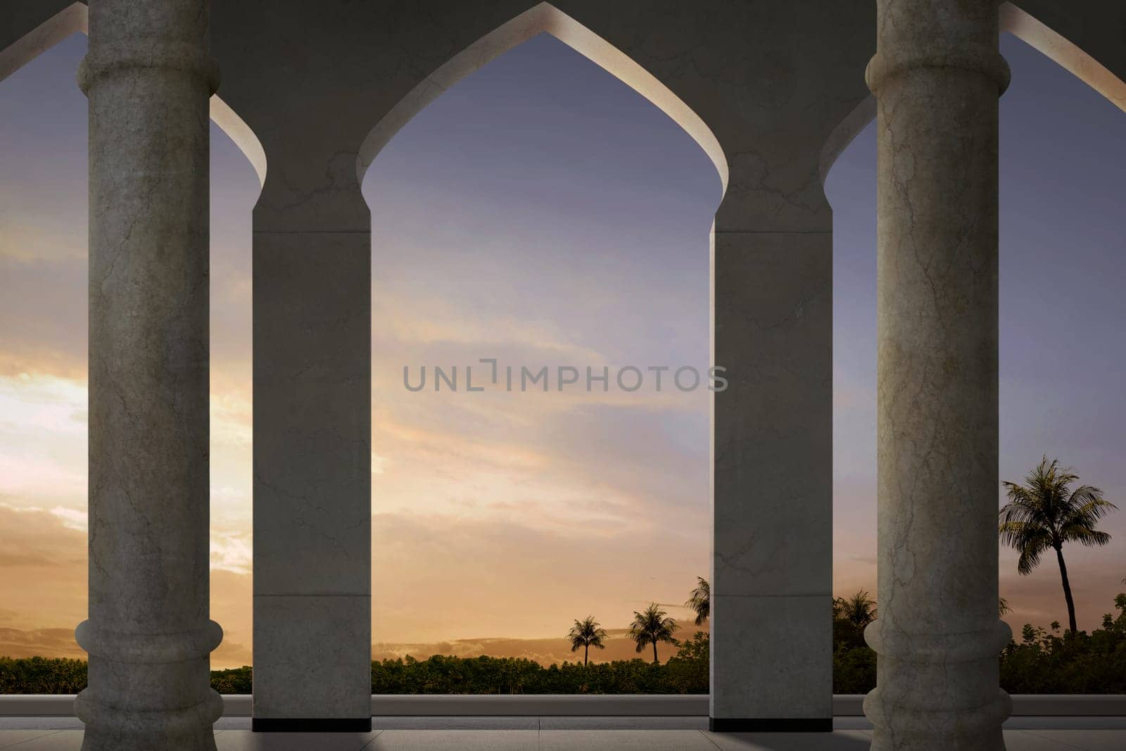 Sunset view from mosque terrace with beautiful cloudscape
