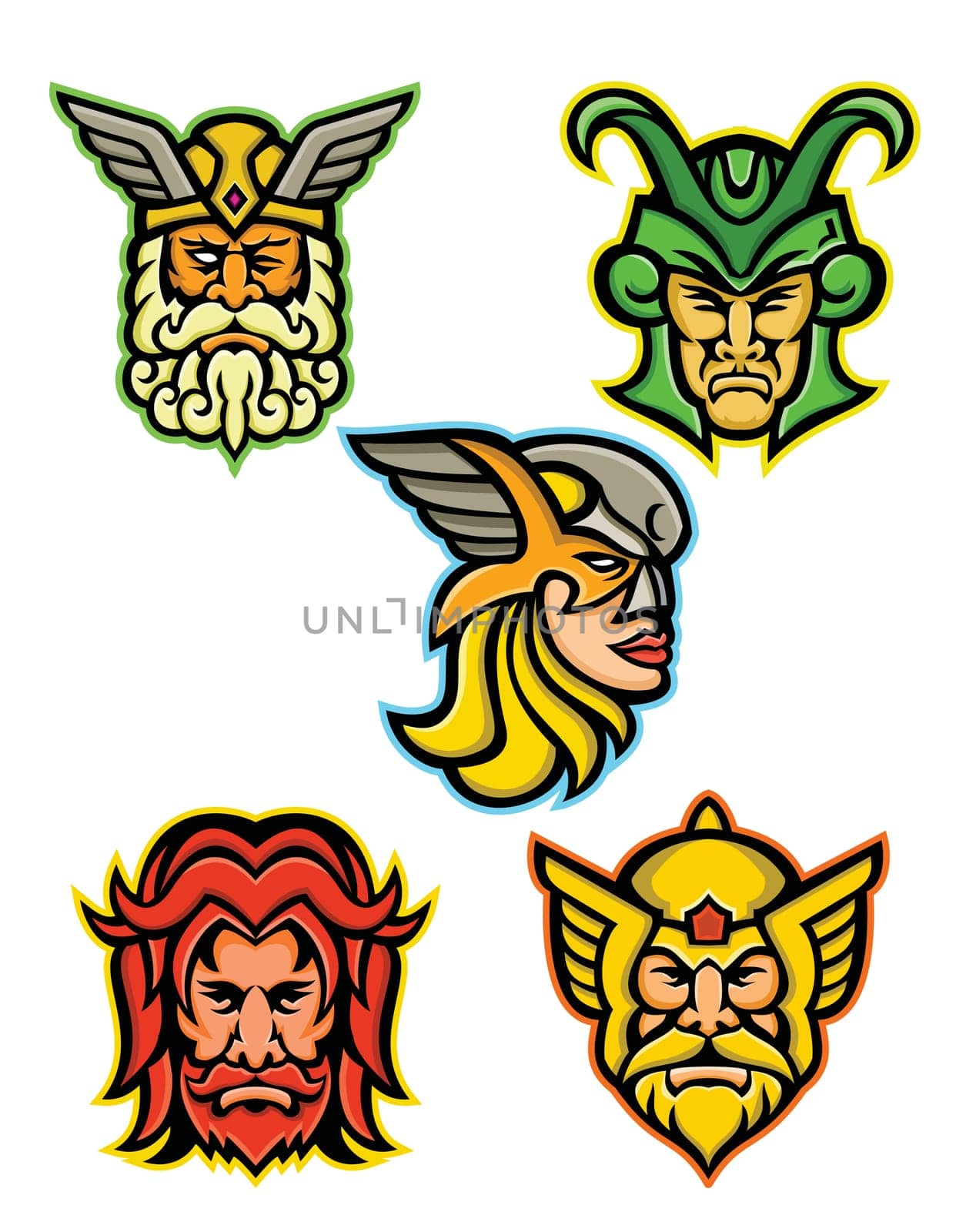Mascot icon illustration set of heads of Norse gods such as Odin, Wodan, Woden or Wotangod, Loki, valkyrie warrior, Baldr, Balder or Baldur and Thor   on isolated background in retro style.