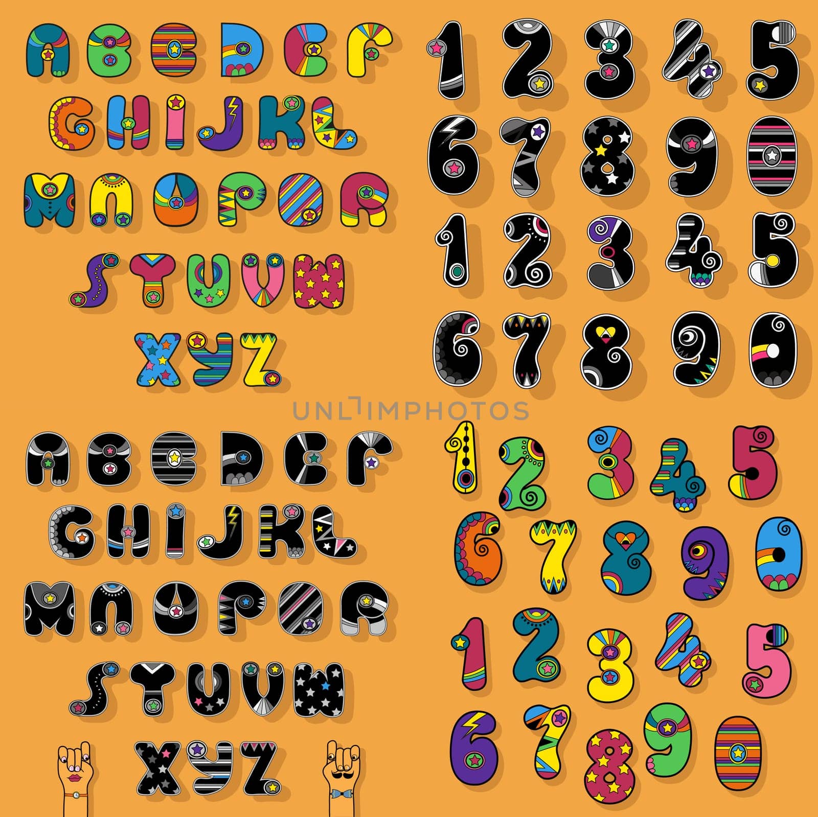 Set of Letters and Numbers. Colorful and Black Vintage Disco Alphabets with Bright Decor. Cartoon hands looking at each other. Illustration