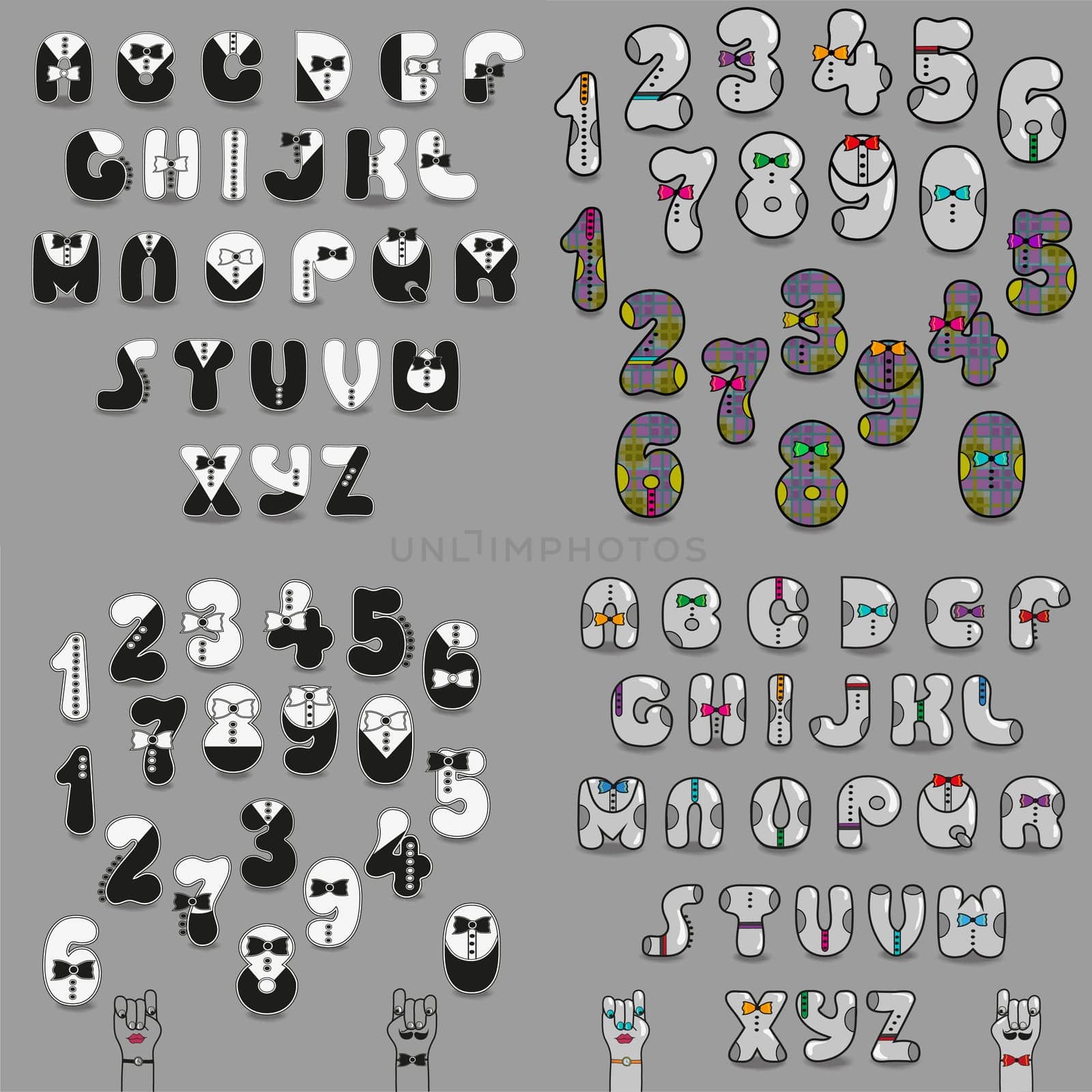 Set of Letters and Numbers. Unusual Alphabets with Vintage black and white, and gray suits. Cartoon hands looking at each other. Illustration