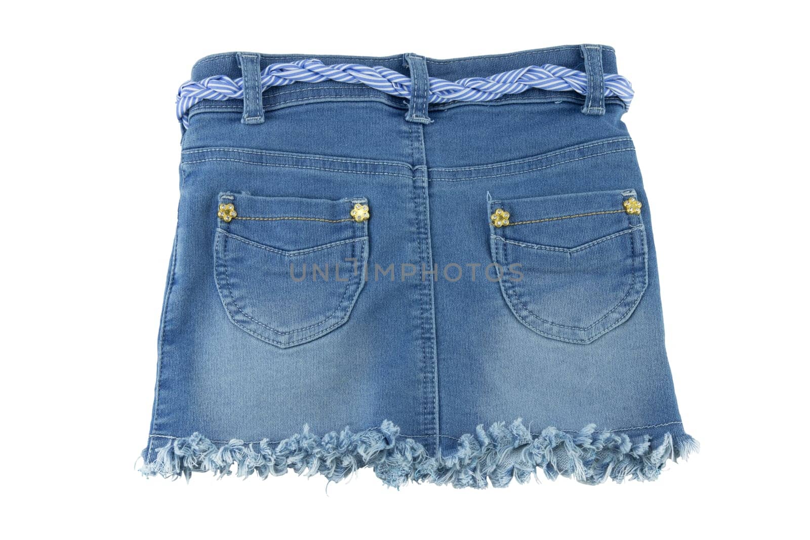 Back view of fashionable blue jeans skirt for children. Girls clothes with blue white linen twine and golden ornaments. Isolated on white. Concept summer fashion for childs.