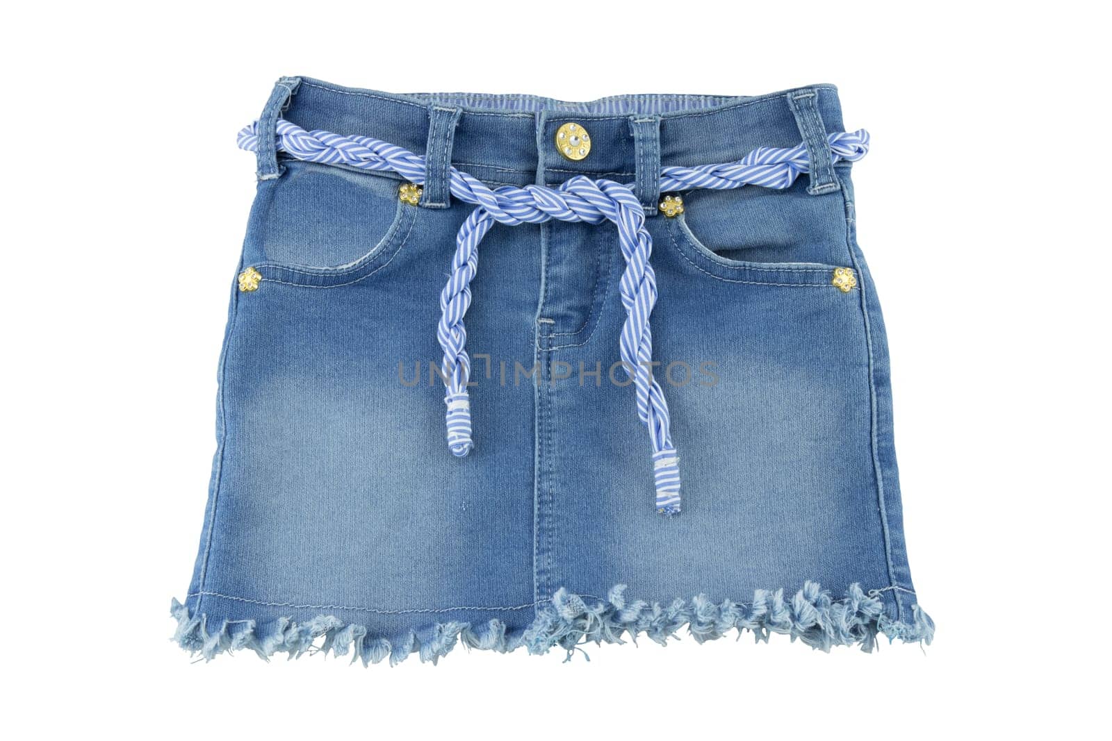 Fashionable blue jeans skirt for children. Girls clothes with blue white linen twine and golden ornaments. Isolated on white. Concept summer fashion for childs.