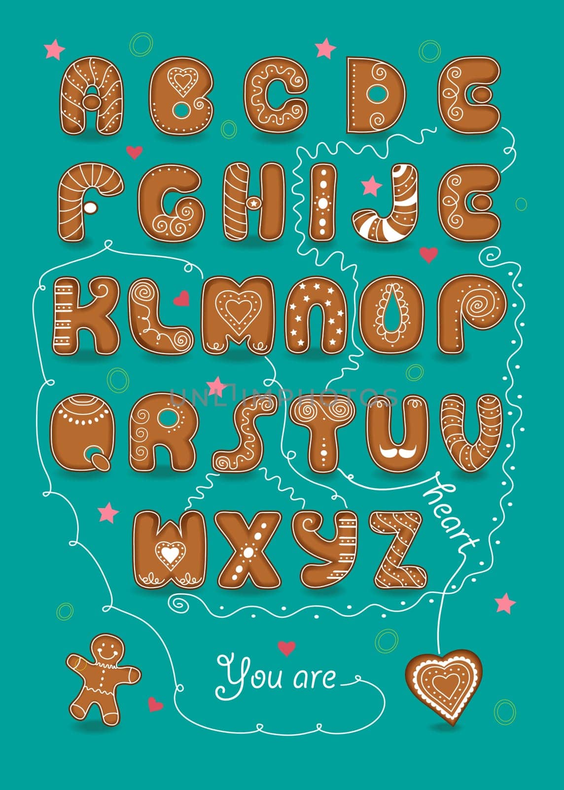 Artistic alphabet with encrypted romantic message Will you go with me? Cartoon blue letters with bright decor. Male and female hands looking at each other. Yellow question mark.  Illustration