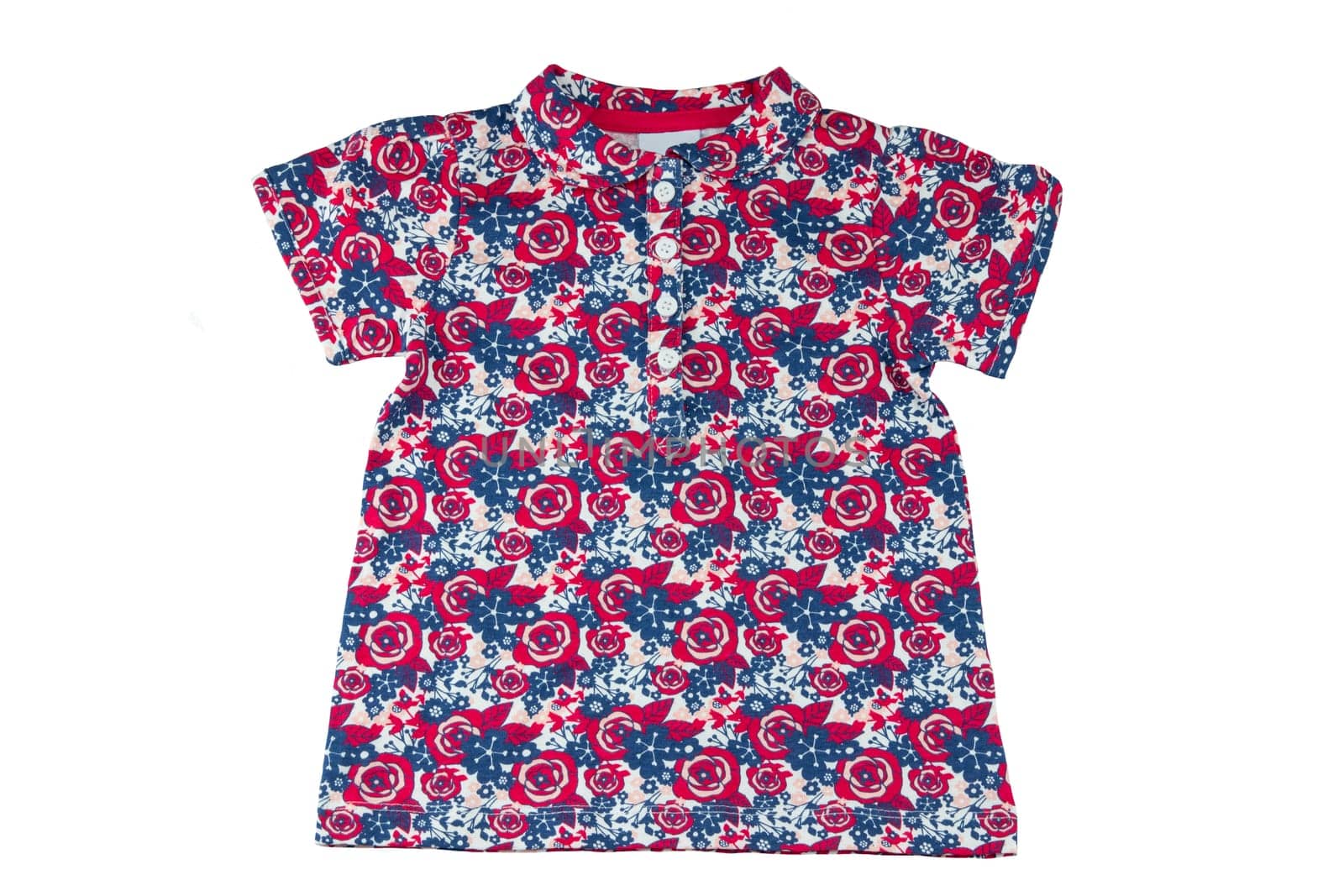 Fashionable little girl shirt with floral print. Beauty and style in childrens cloths. The shirt has bright red white roses. Concept fashion for children. Isolated on white. Closeup.