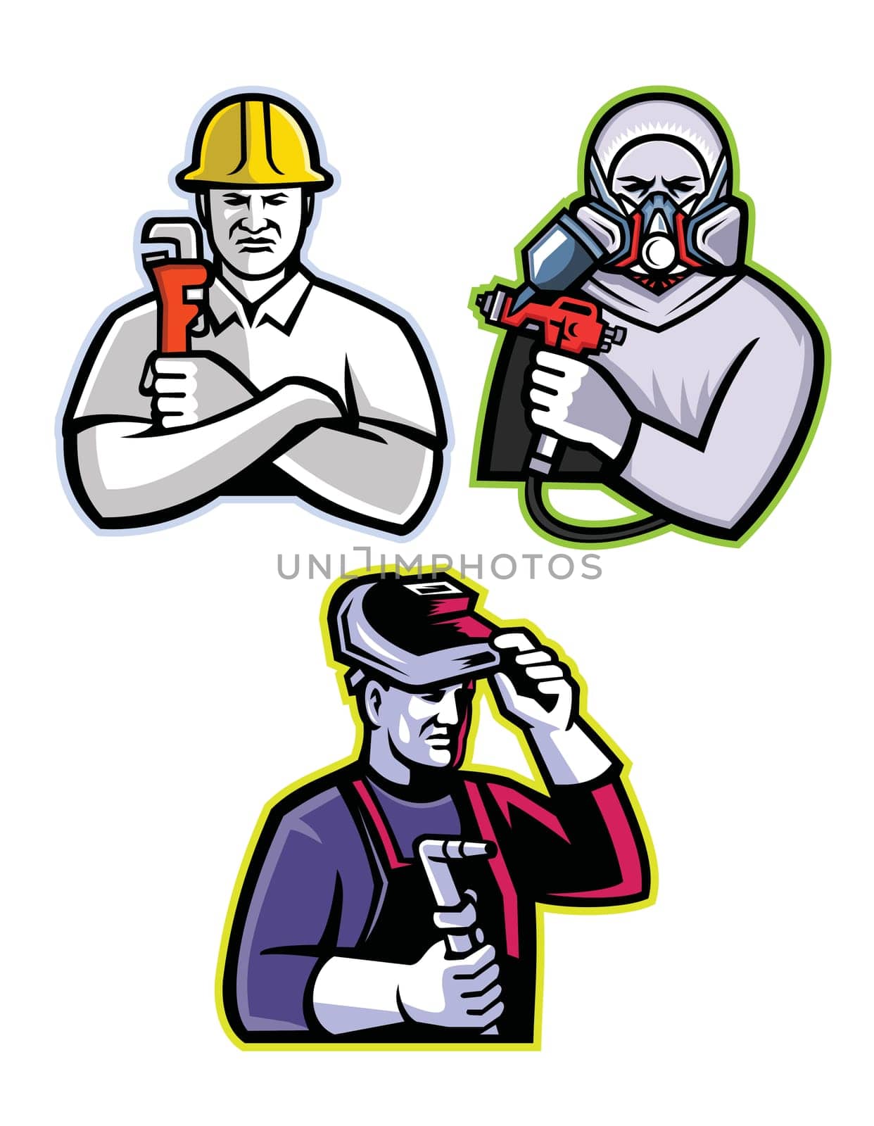 Mascot icon illustration set of tradesman like the pipefitter or plumber, automotive or industrial spray painter and welder or fabricator viewed from front on isolated background in retro style.