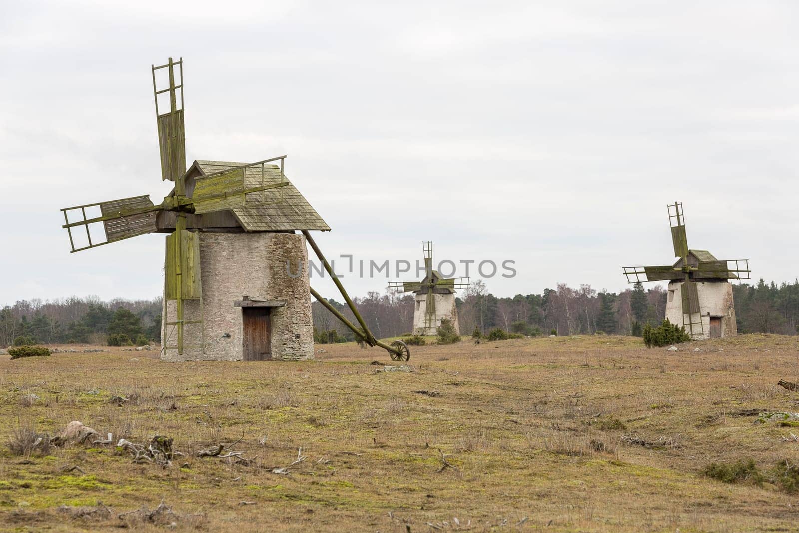 Windmill on Gotland, Sweden with a cloudy sky.