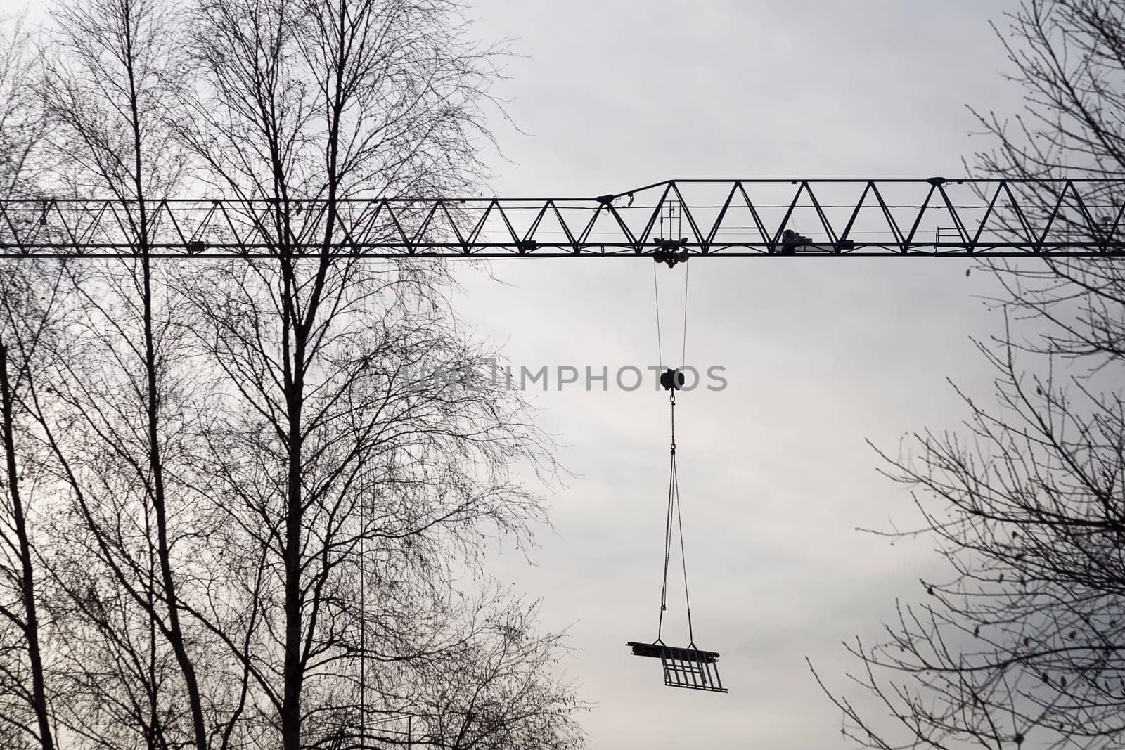 Construction Crane with Trees and a cloudy sky.