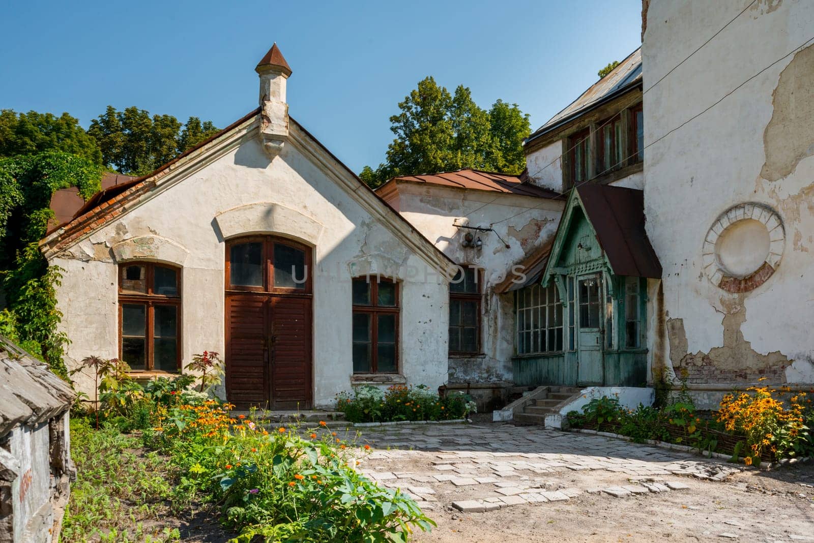 Old and very ruined buildings outside Kharkiv, in an Ukrainian forest