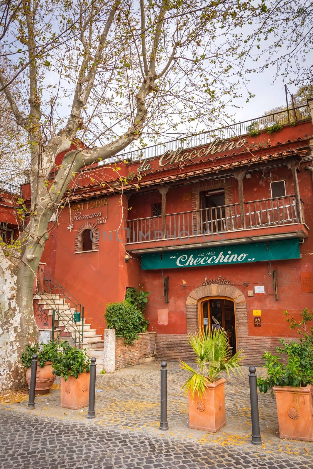Rome, Italy, march 2017: The historic restaurant of Roman cuisine Checchino active in Rome since 1887 in the popular district of Testaccio
