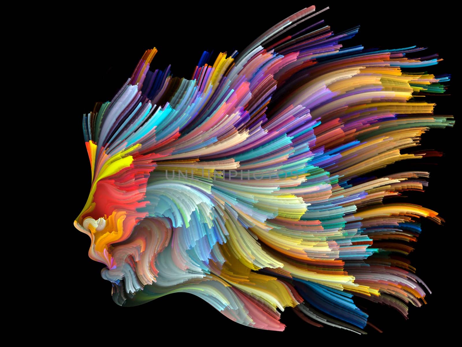 Face of Color series. Creative arrangement of human profile and colorful lines of moving paint for subject of creativity, design, internal world, human nature and artistic soul