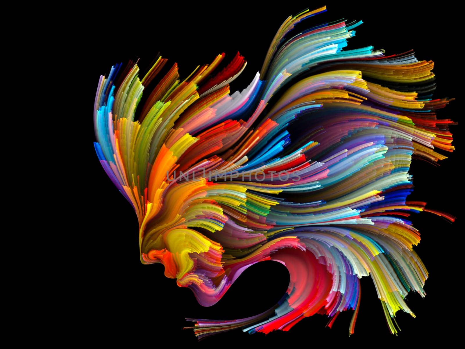 Face of Color series. Composition of human profile and colorful lines of moving paint on the subject of creativity, design, internal world, human nature and artistic soul