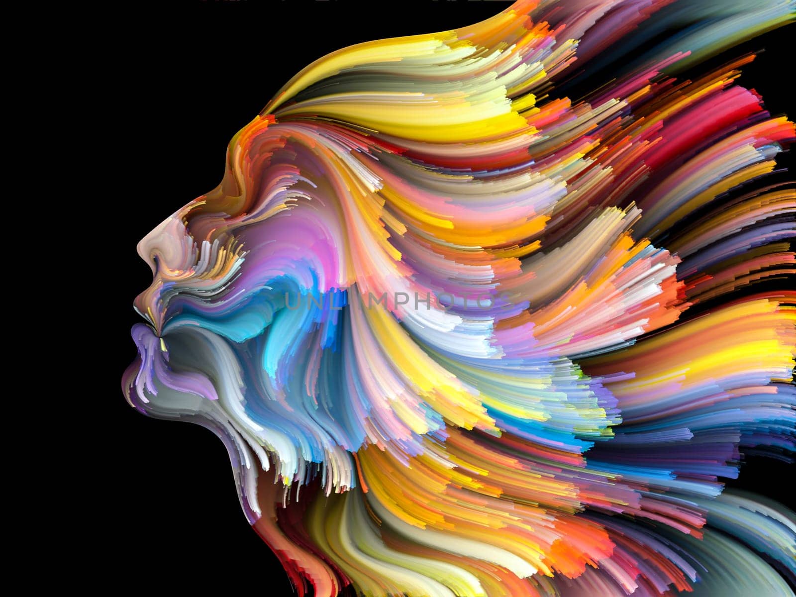 Face of Color series. Artistic abstraction composed of human profile and colorful lines of moving paint on the subject of creativity, design, internal world, human nature and artistic soul