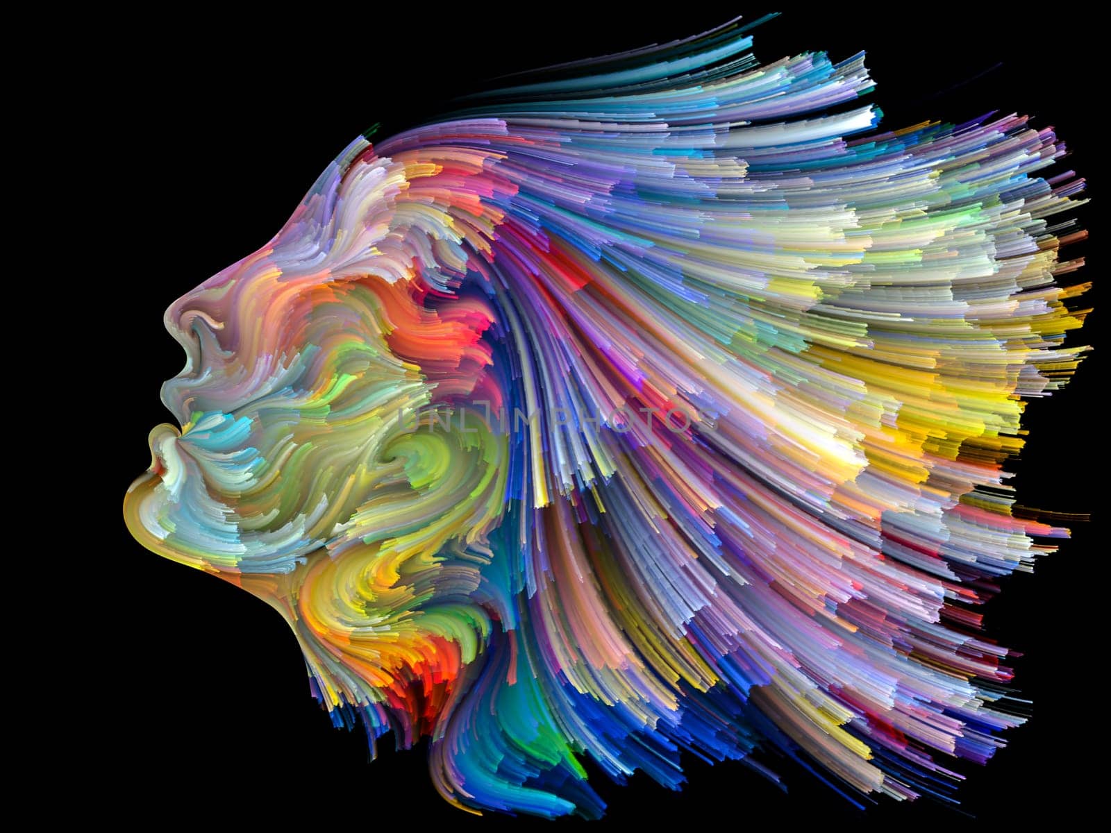 Face of Color series. Graphic composition of human profile and colorful lines of moving paint  for subject of creativity, design, internal world, human nature and artistic soul