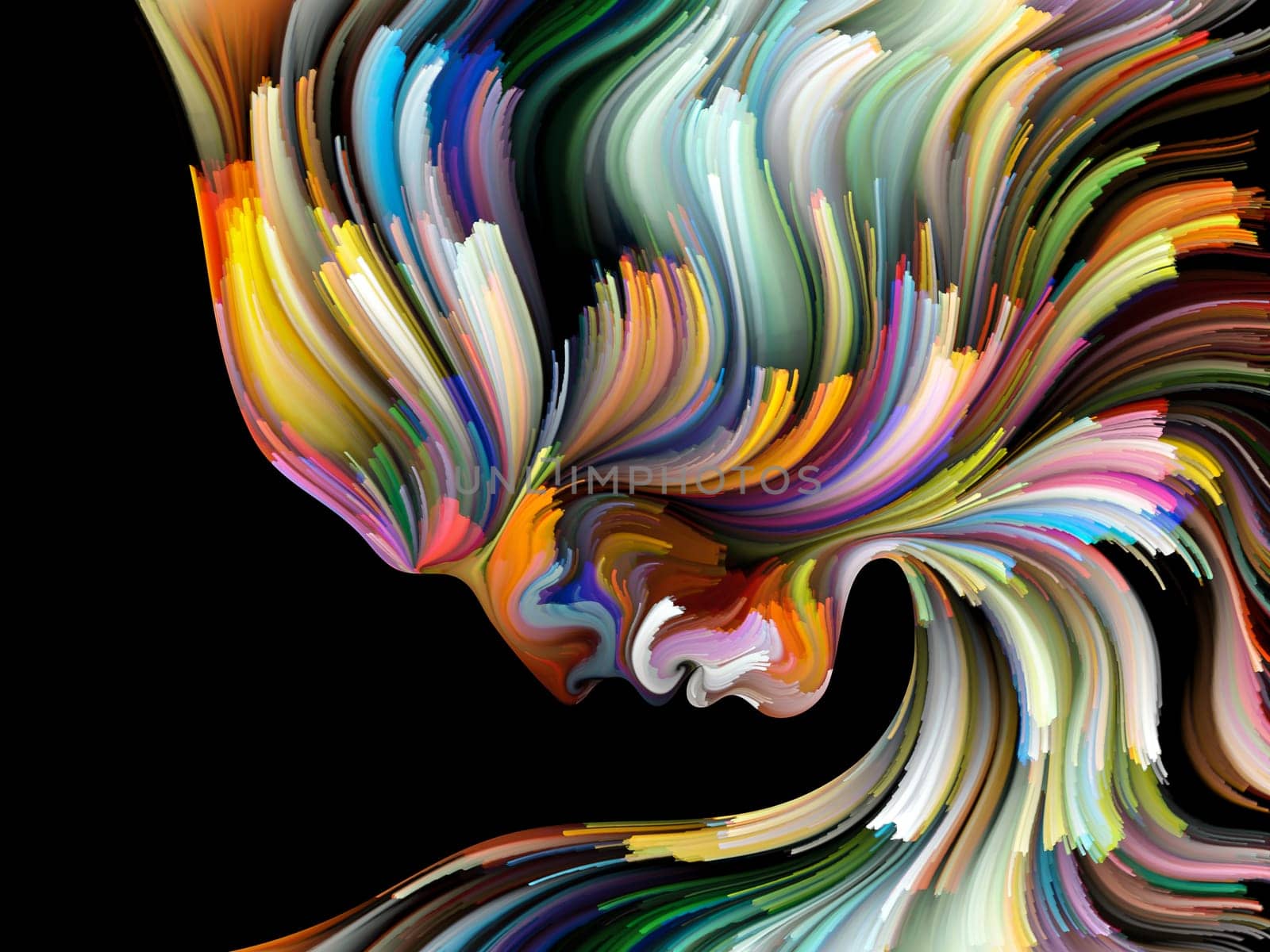 Face of Color series. Backdrop of human profile and colorful lines of moving paint on the subject of creativity, design, internal world, human nature and artistic soul