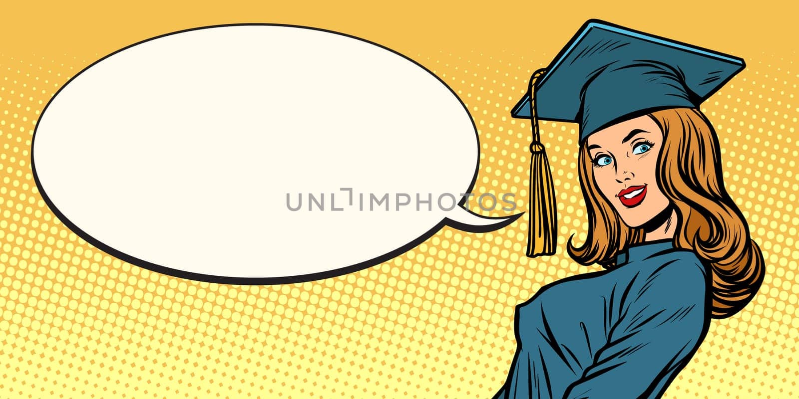 woman graduate pop art retro vector illustration comic cartoon kitsch vintage drawing