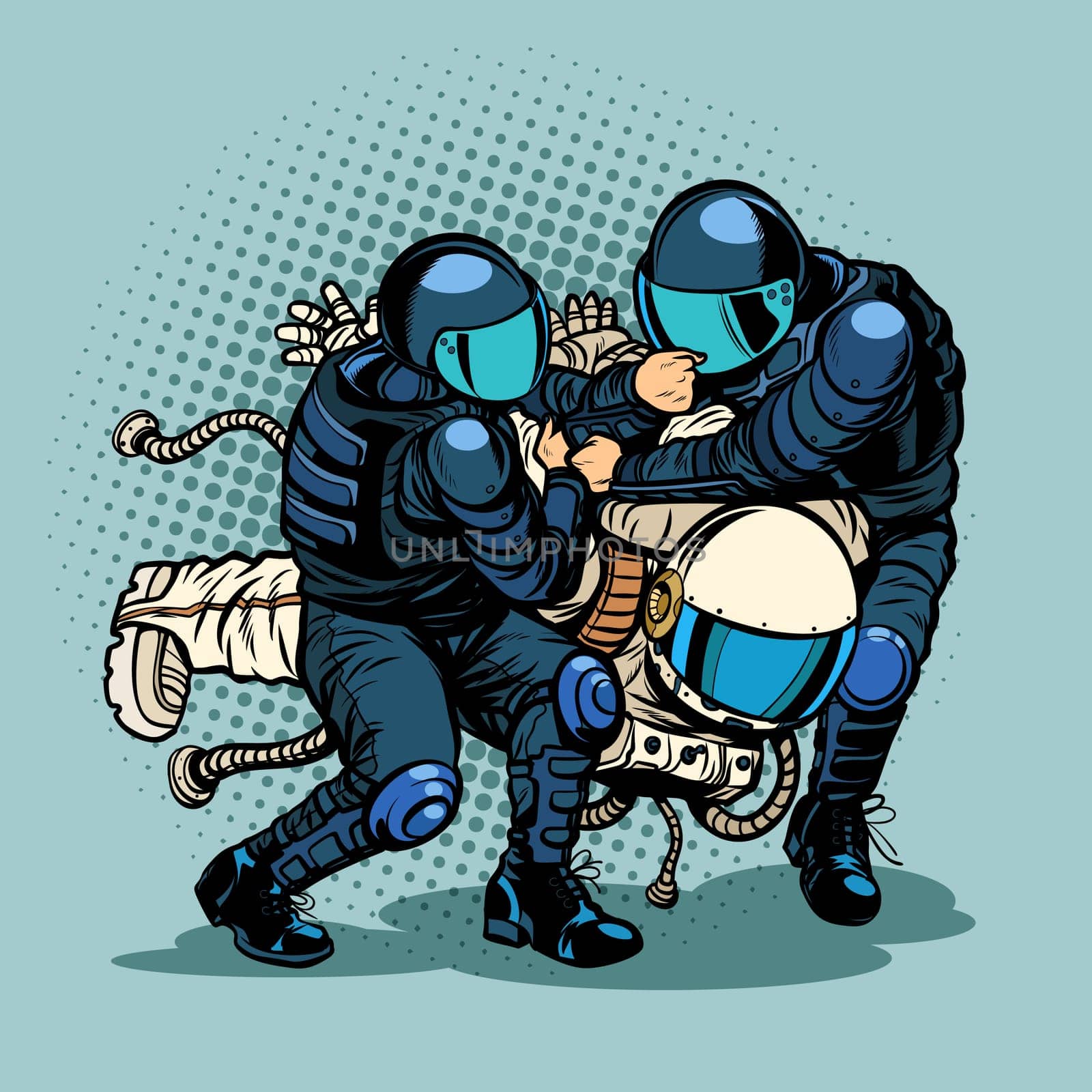regression and progress concept, police arrested the astronaut. Pop art retro vector illustration vintage kitsch drawing