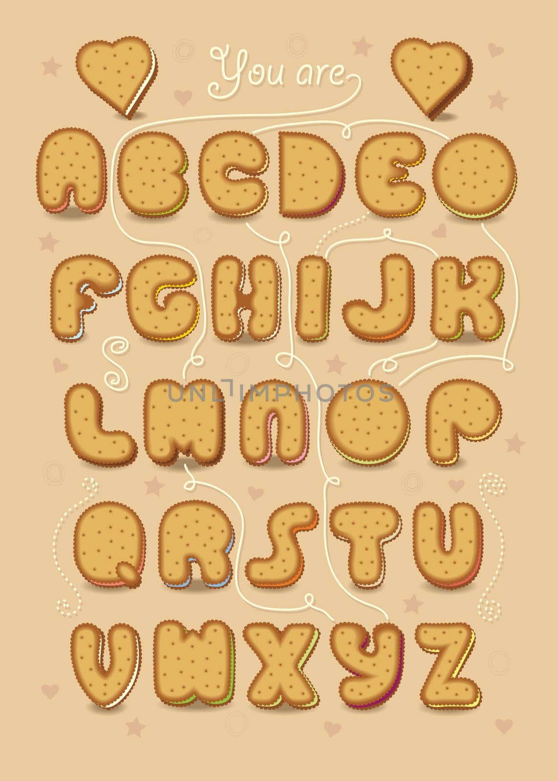 Artistic alphabet with encrypted romantic message Will you go with me? Cartoon blue letters with bright decor. Male and female hands looking at each other. Yellow question mark. Illustration