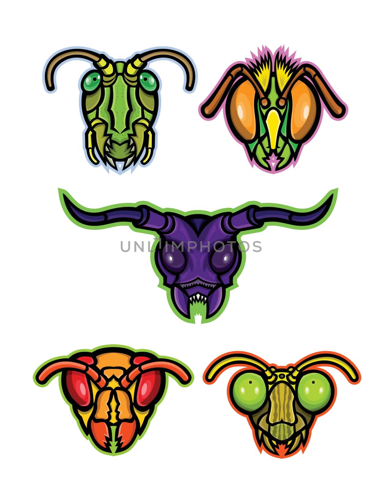 Mascot icon illustration set of heads of insects like grasshopper, cricket or locust, honey bee or bumblebee, long-horned beetle, hornet or wasp and praying mantis viewed from front done in retro style..